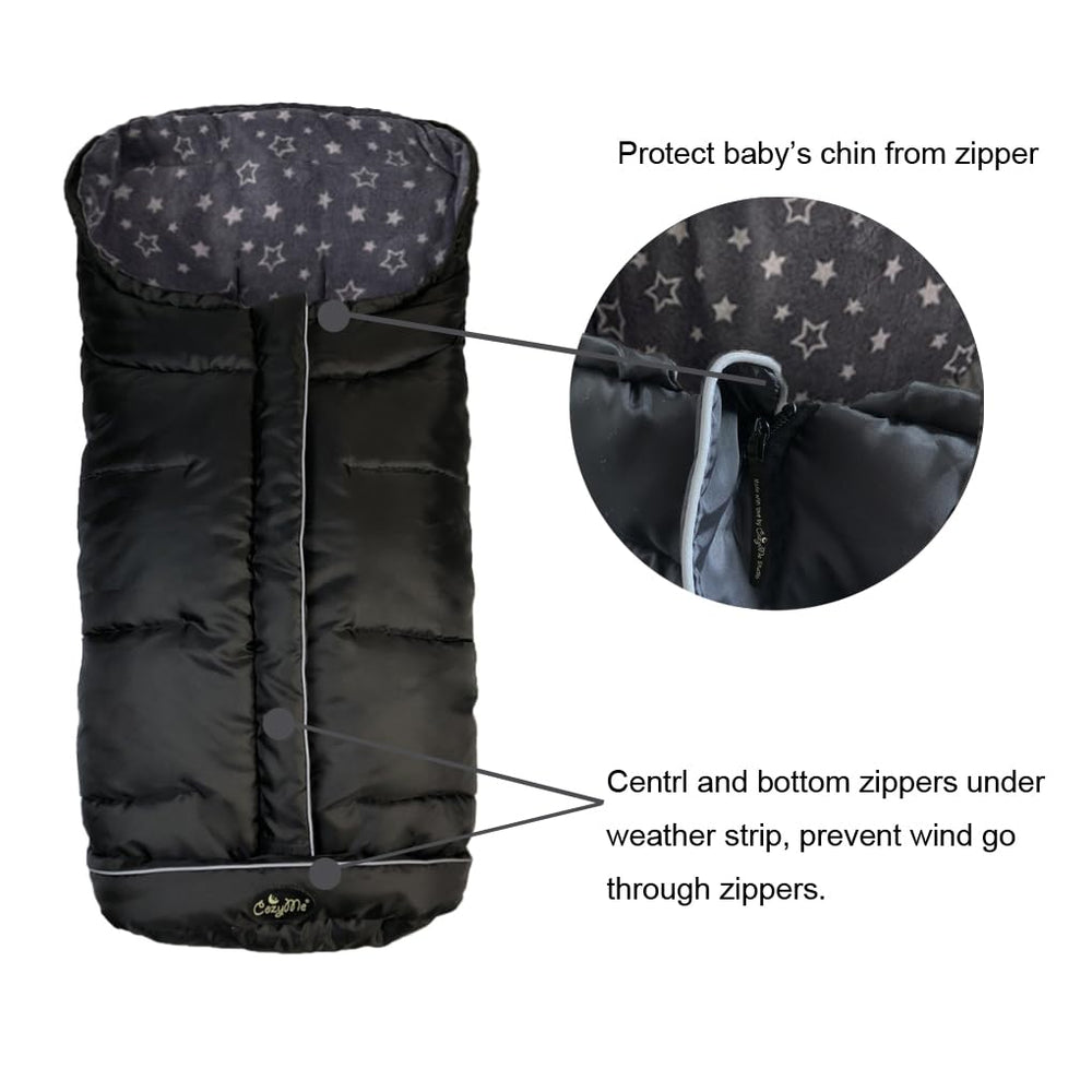 CozyMe stroller footmuff harness-slots-reflective enhances safety and dusk visibility.