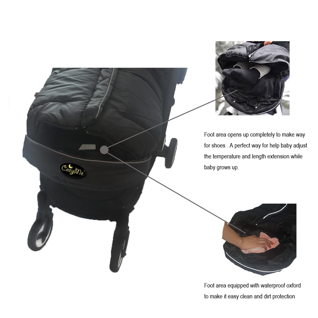 CozyMe stroller footmuff three-way-zipper simplifies easy entry and exit for babies.