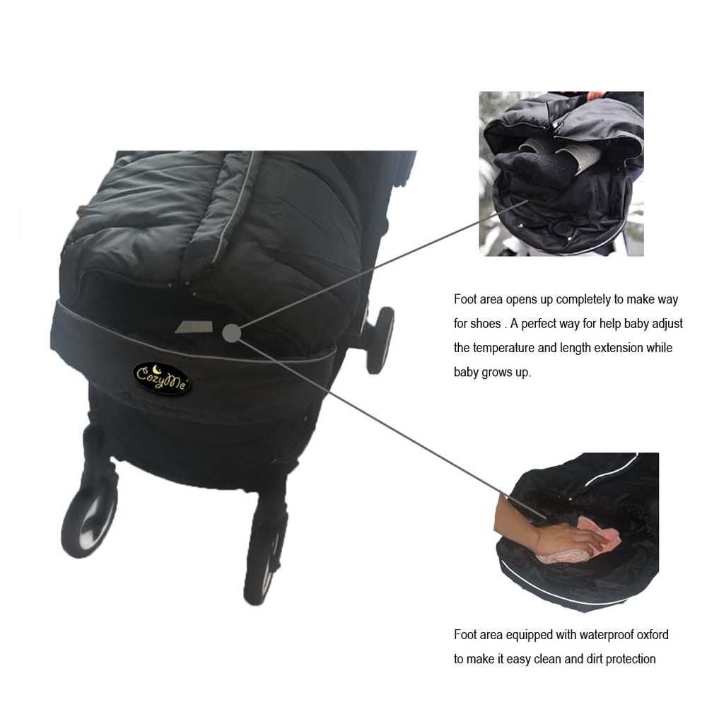 CozyMe stroller footmuff three-way-zipper simplifies easy entry and exit for babies.
