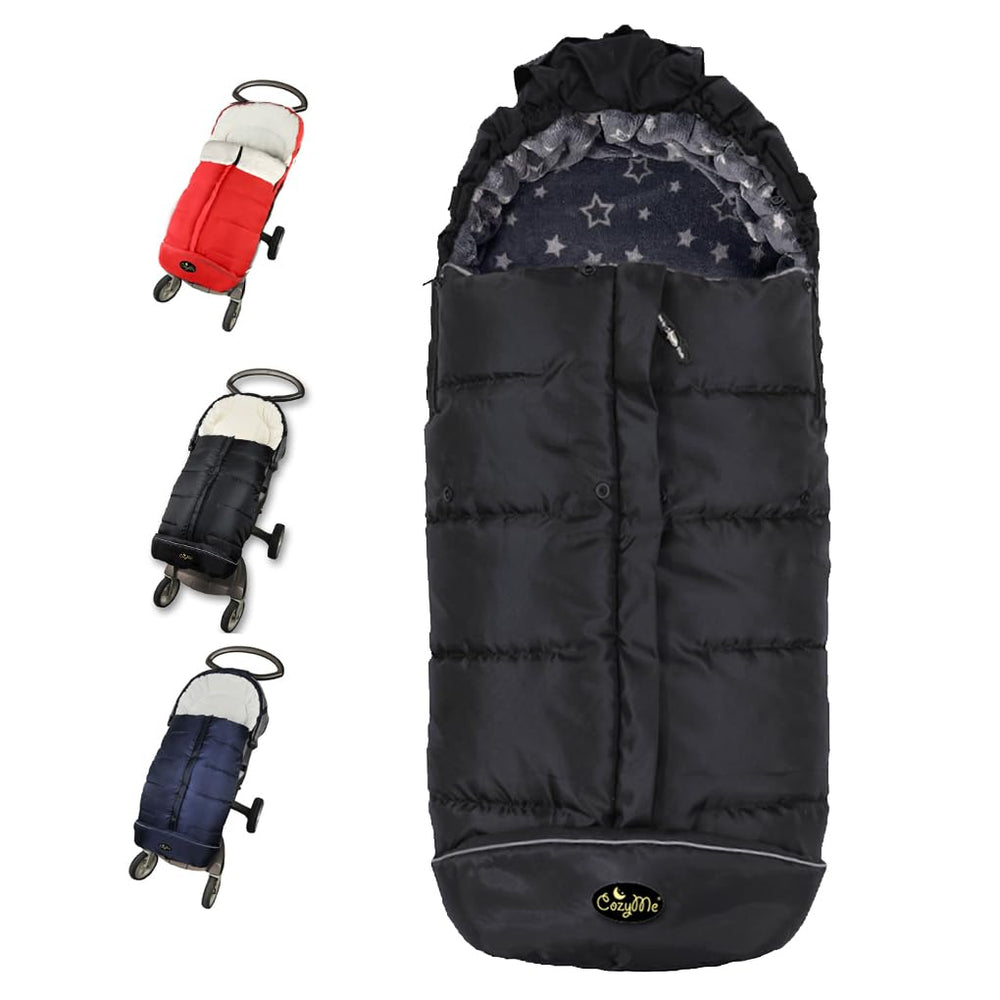 CozyMe stroller footmuff demonstrates universal fit for compatible strollers, securing warmth for outdoor rides.