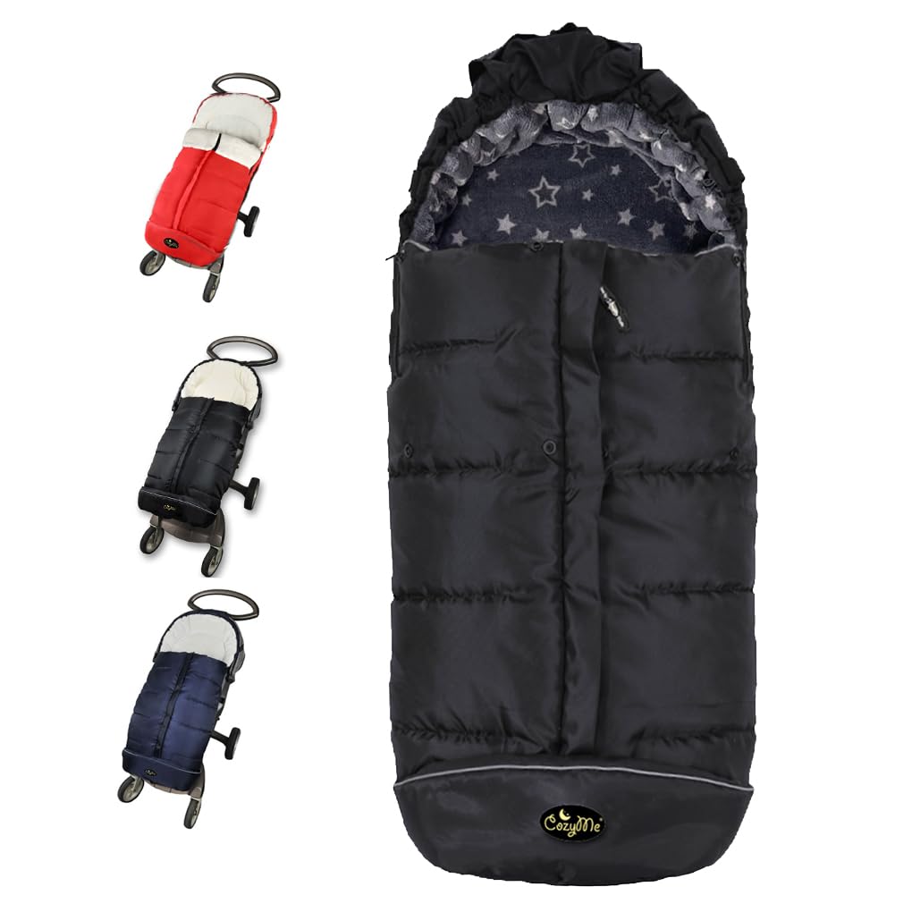 CozyMe stroller footmuff demonstrates universal fit for compatible strollers, securing warmth for outdoor rides.