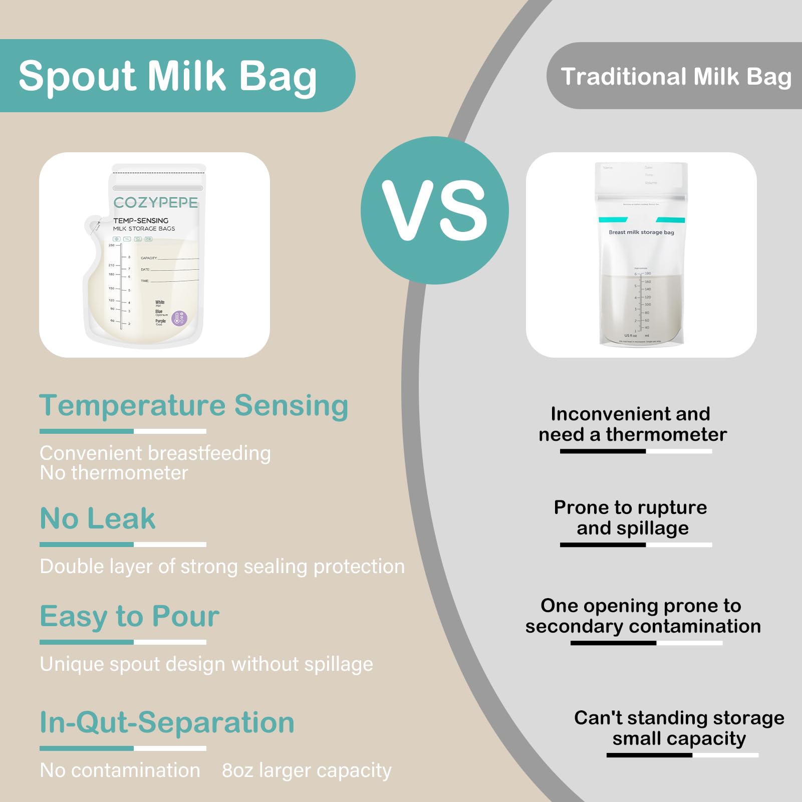 Cozypepe bag showing 8 oz capacity and measurement marks