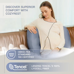 COZYREST pillow butterfly-support demonstrates adjustable center channel for belly and spine alignment.