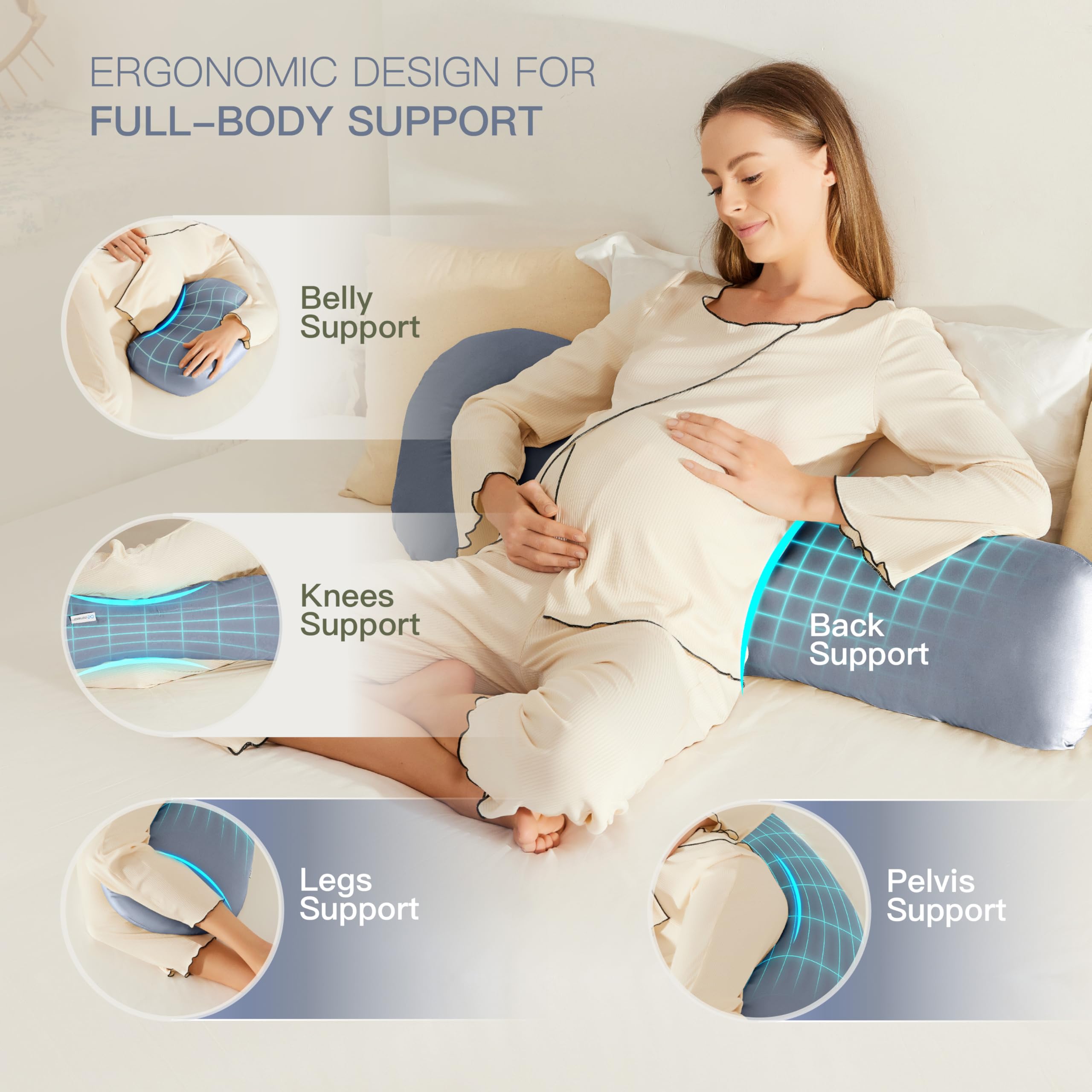 COZYREST belly-support focus highlights comfort during side sleep and pregnancy rest.