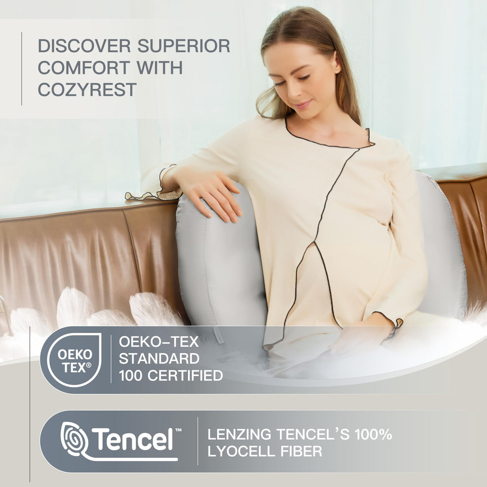 COZYREST butterfly support angled illustrates ergonomic alignment for belly, back, and hips.