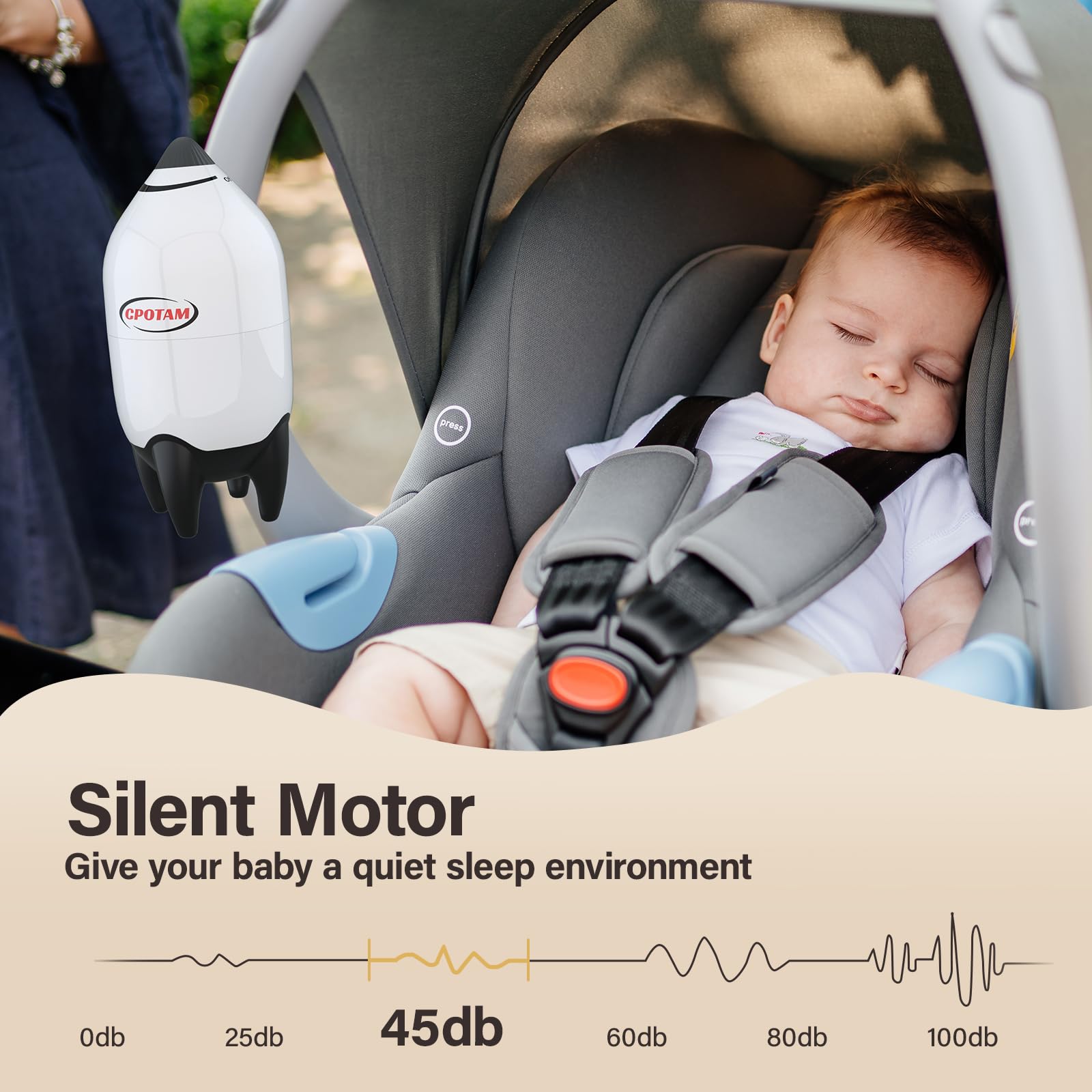 CPOTAM quiet motor operation highlights peaceful naps during travel.