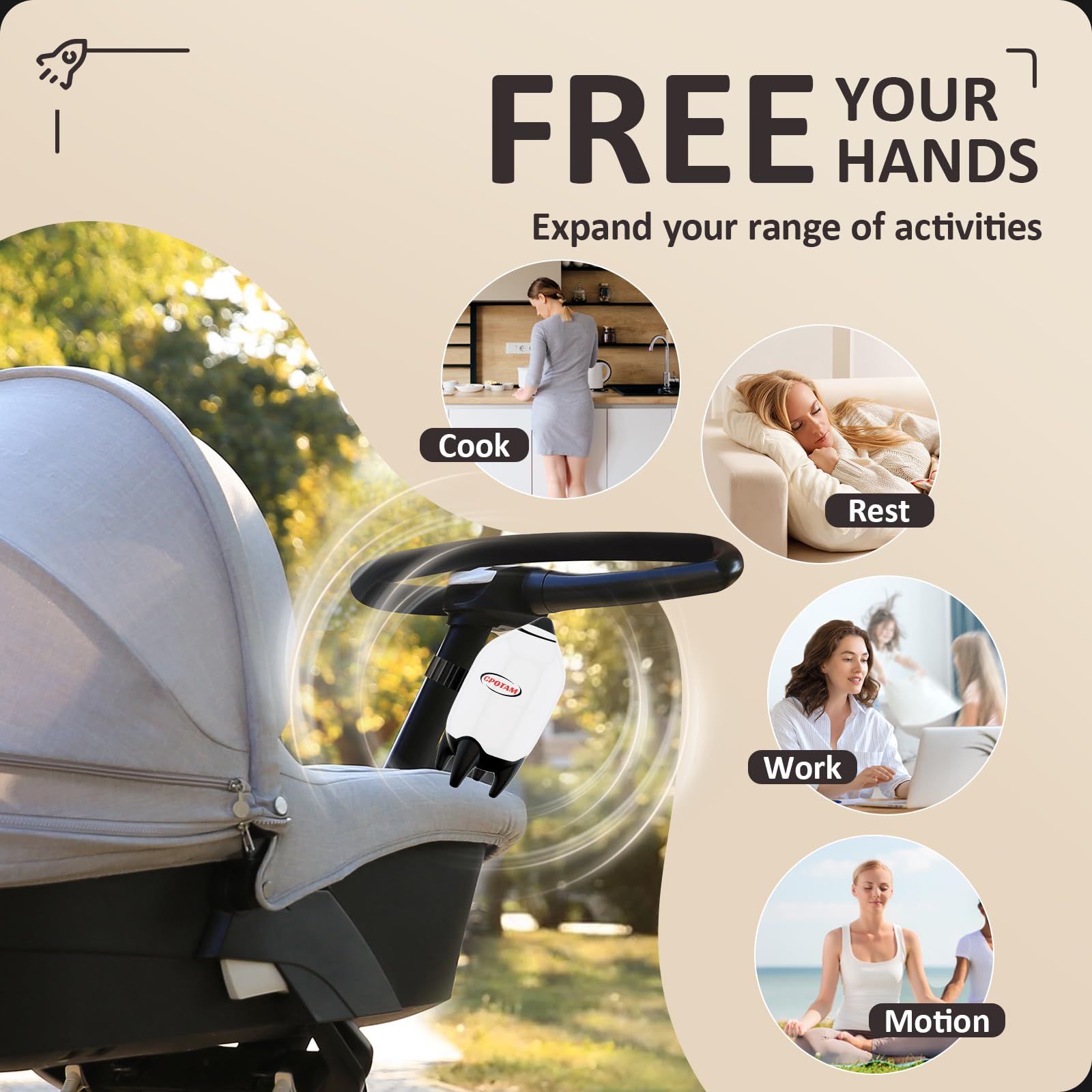 CPOTAM baby rocker on stroller demonstrates secure attachment and portable calming for walks.
