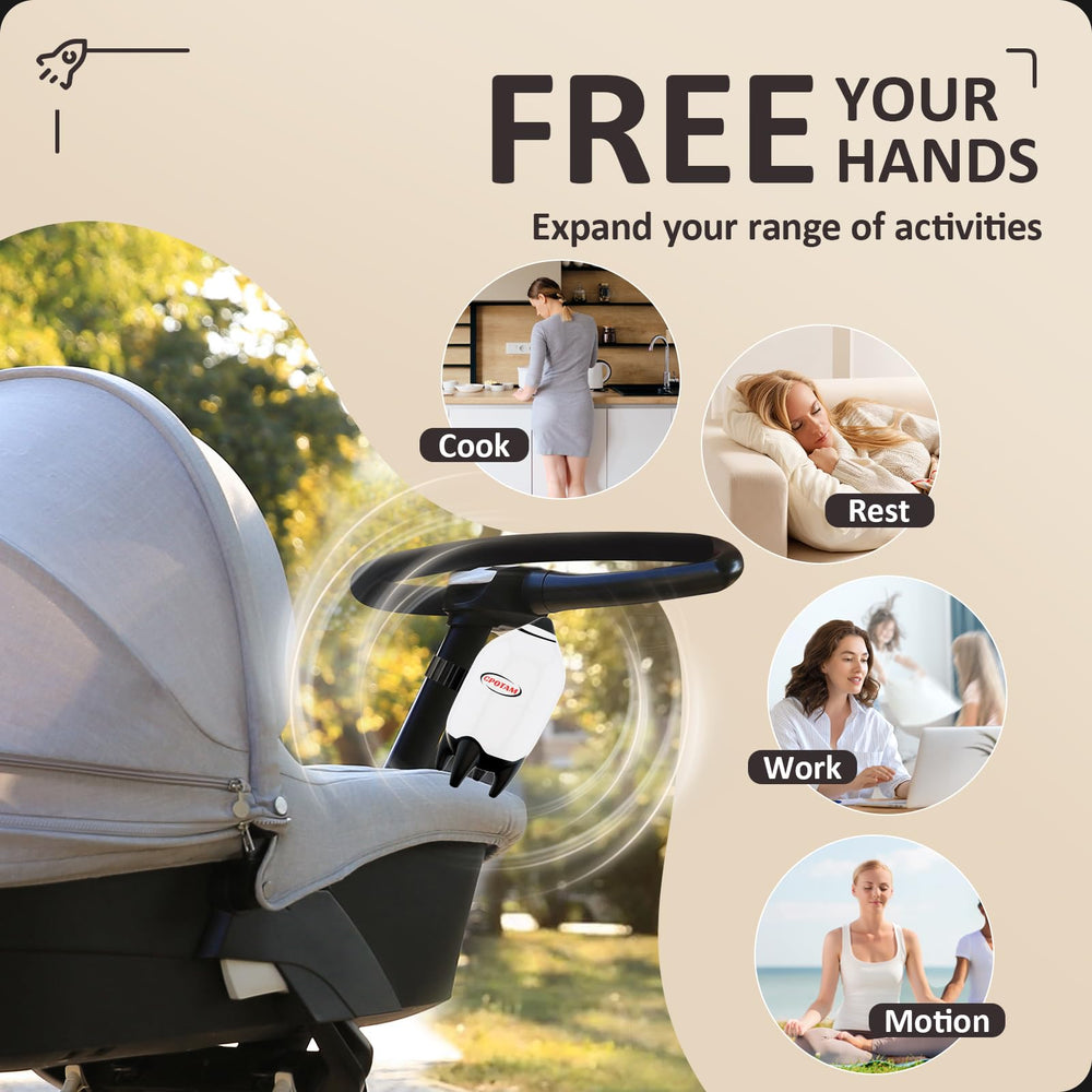 CPOTAM baby rocker on stroller demonstrates secure attachment and portable calming for walks.