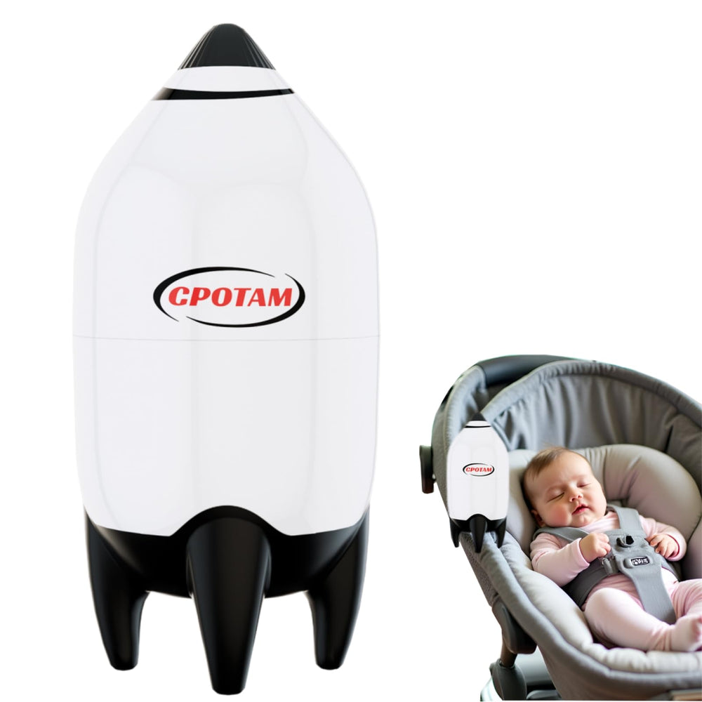 CPOTAM rechargeable hands-free baby rocker setup shows easy on-stroller attachment for travel.