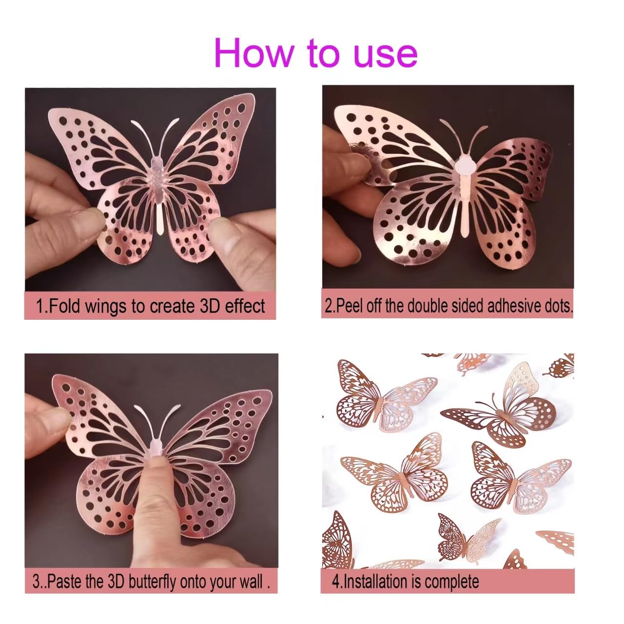 cpqakb 3D butterfly decals show intricate metallic cutouts, ideal for eye-catching wall decor.