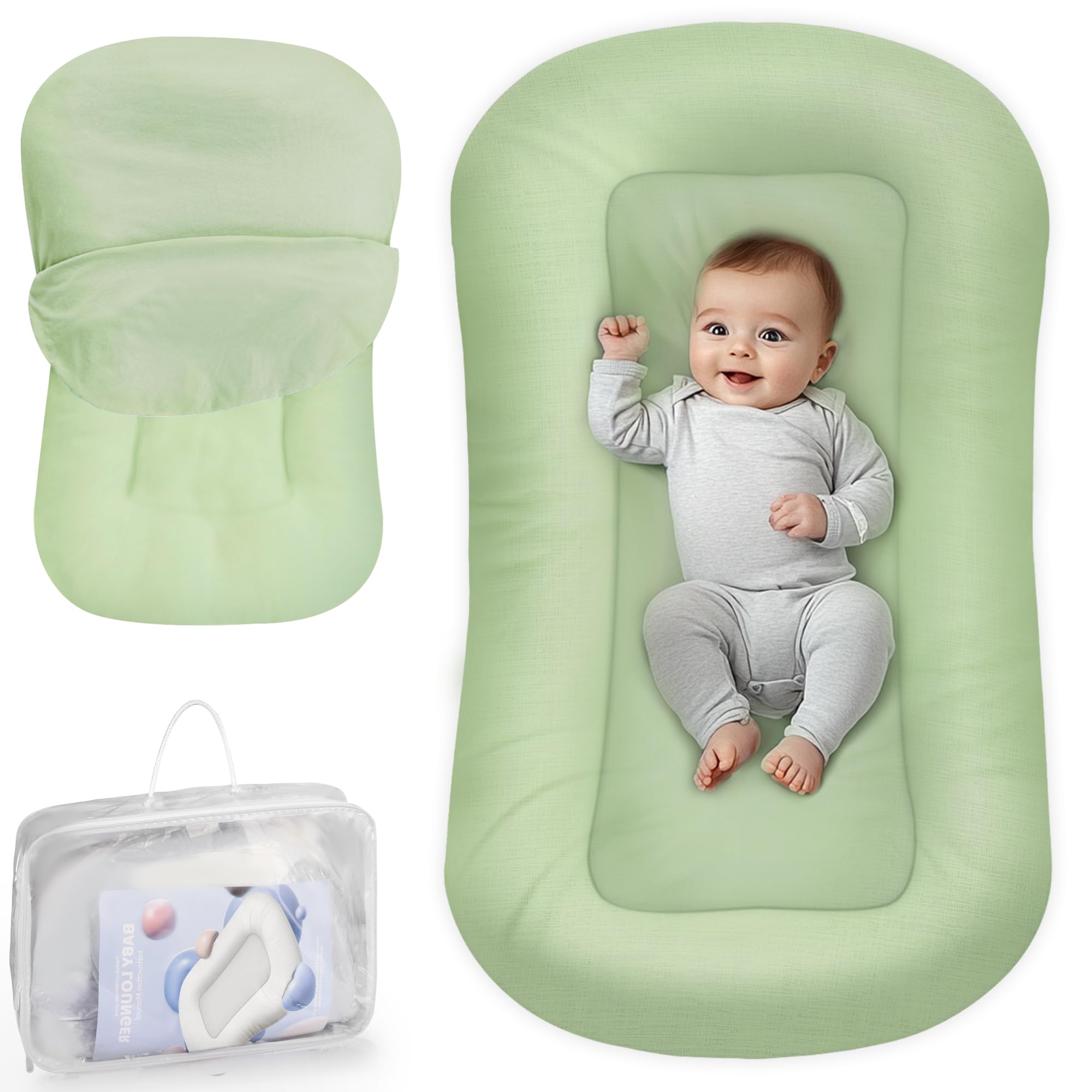 Cpzzkq Baby Lounger green cover, a safe, cozy space for supervised play and rest.