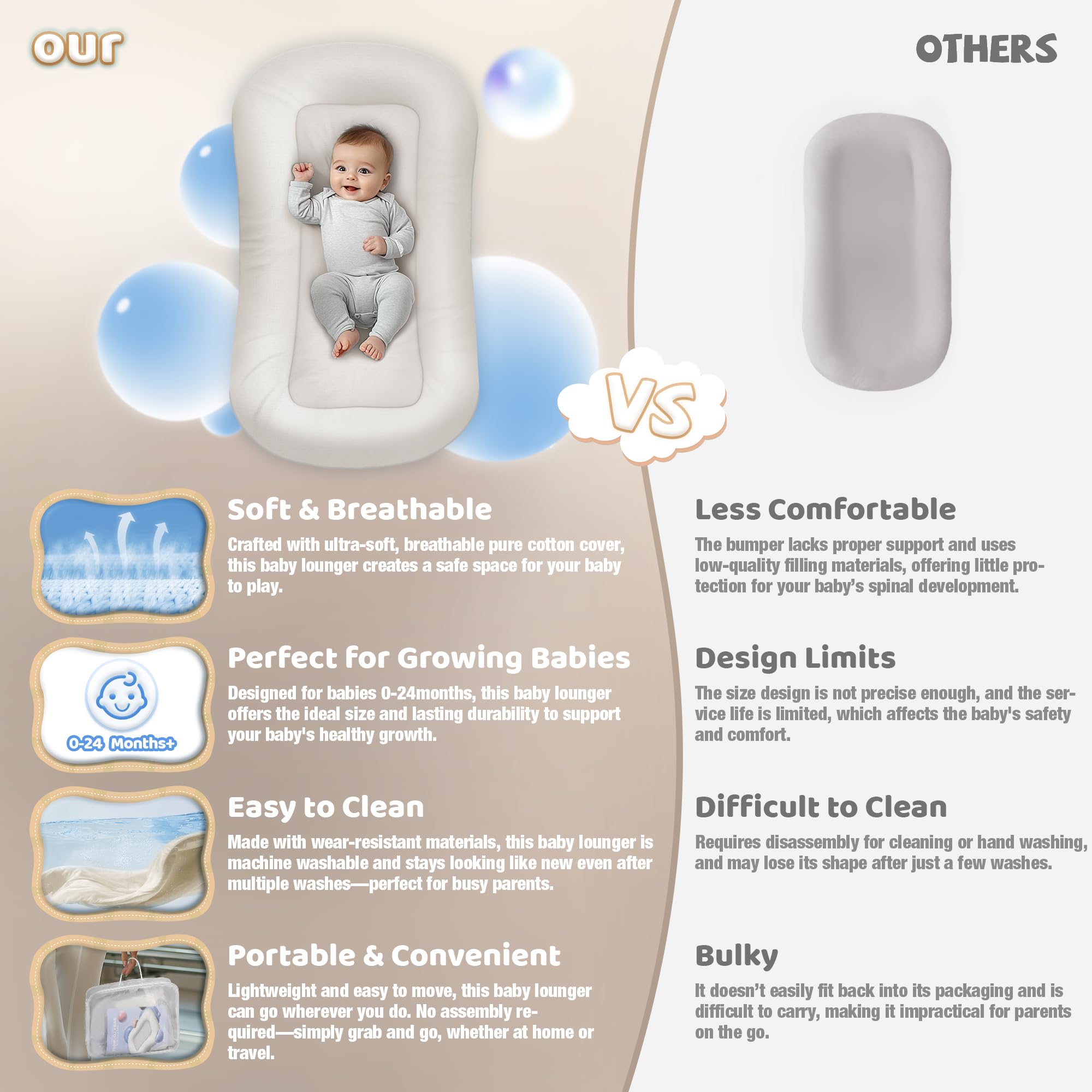 Cpzzkq baby lounger soft cotton cover demonstrates breathable comfort for delicate skin.