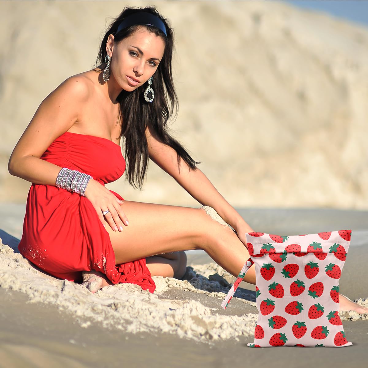 CQM Summer Fruits Wet Bag open view shows 12x10 inch spacious interior for clothes and cosmetics