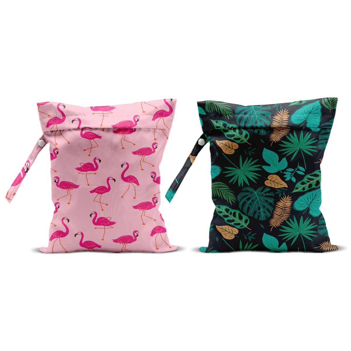 CQM wet bag pink flamingo front view shows compact 12x10 travel-ready size