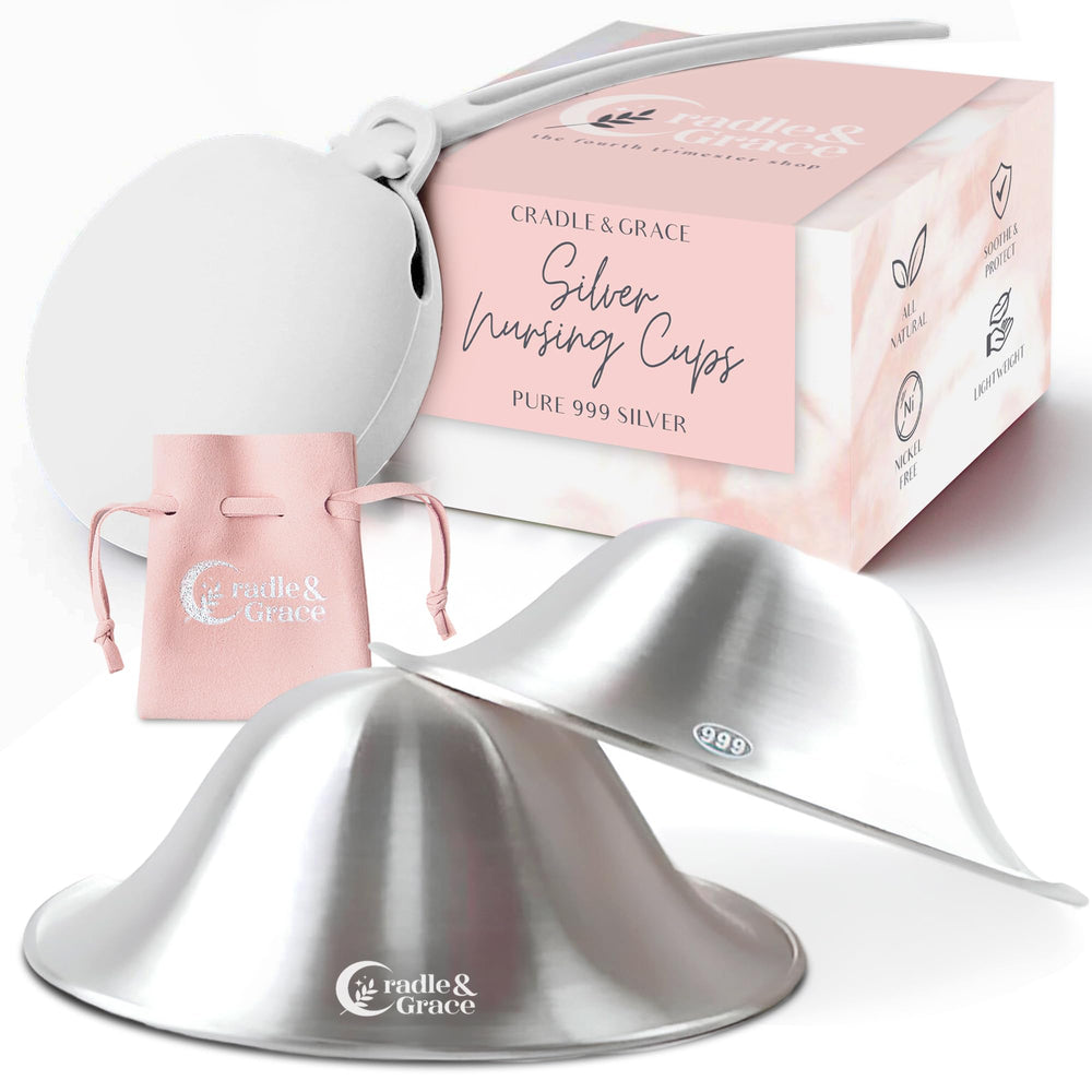 Cradle & Grace Pure Silver Nursing Cups pair for nipple relief during breastfeeding.