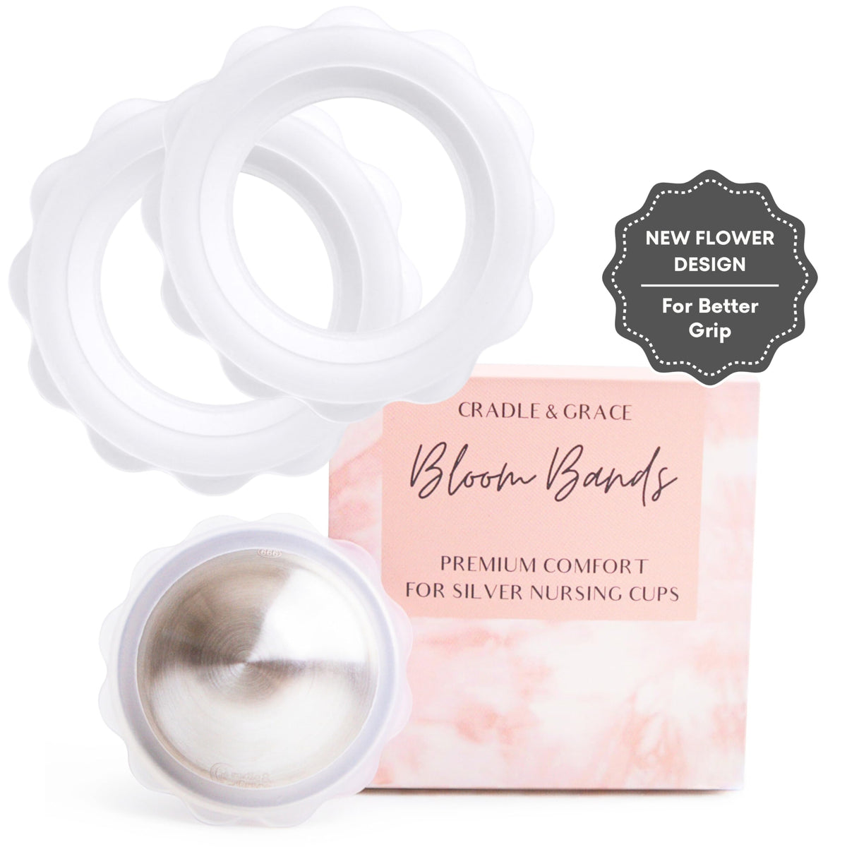 Cradle & Grace Bloom Bands shown in soft silicone for gentle daily comfort.
