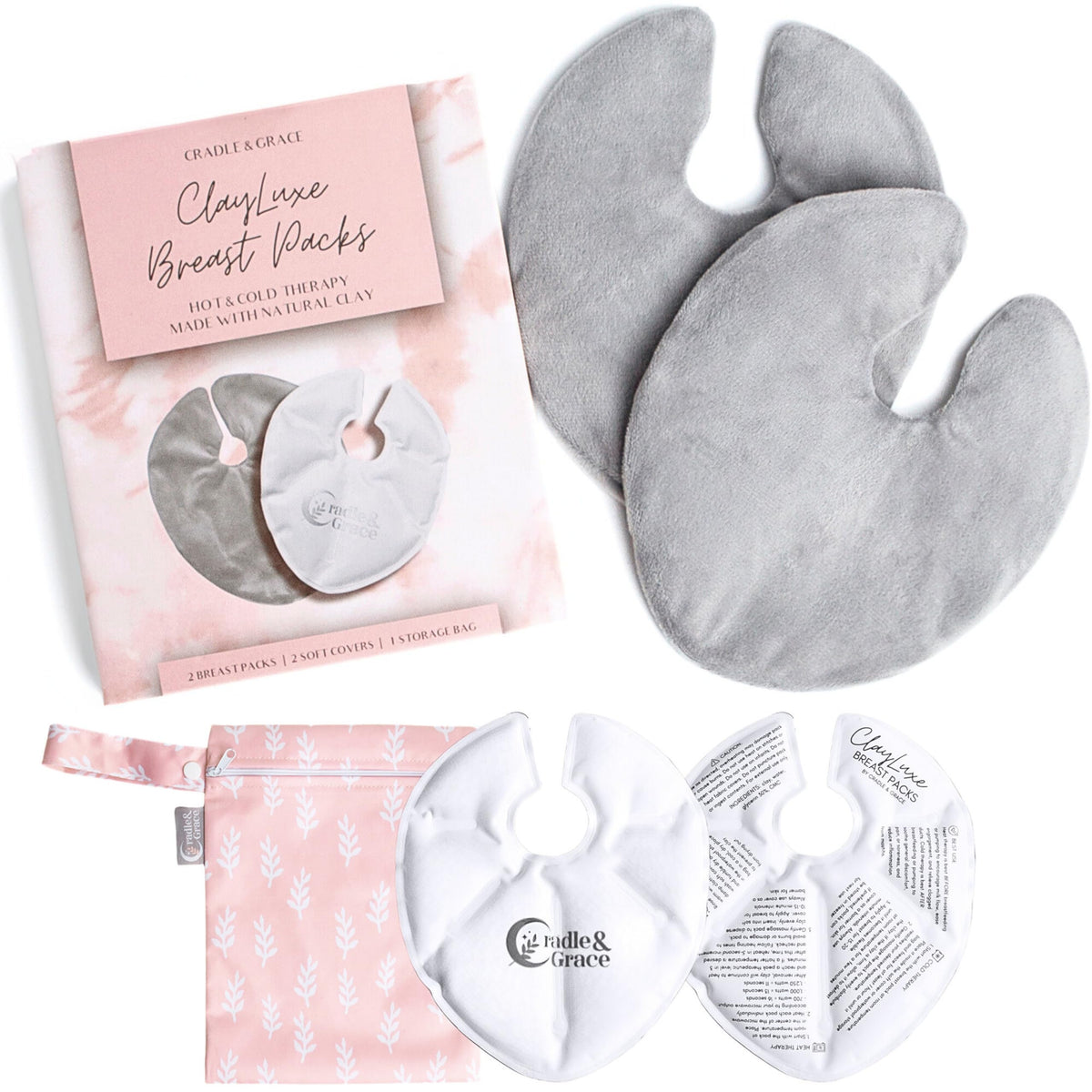 Cradle & Grace ClayLuxe packs front view, teardrop design offering full coverage relief.