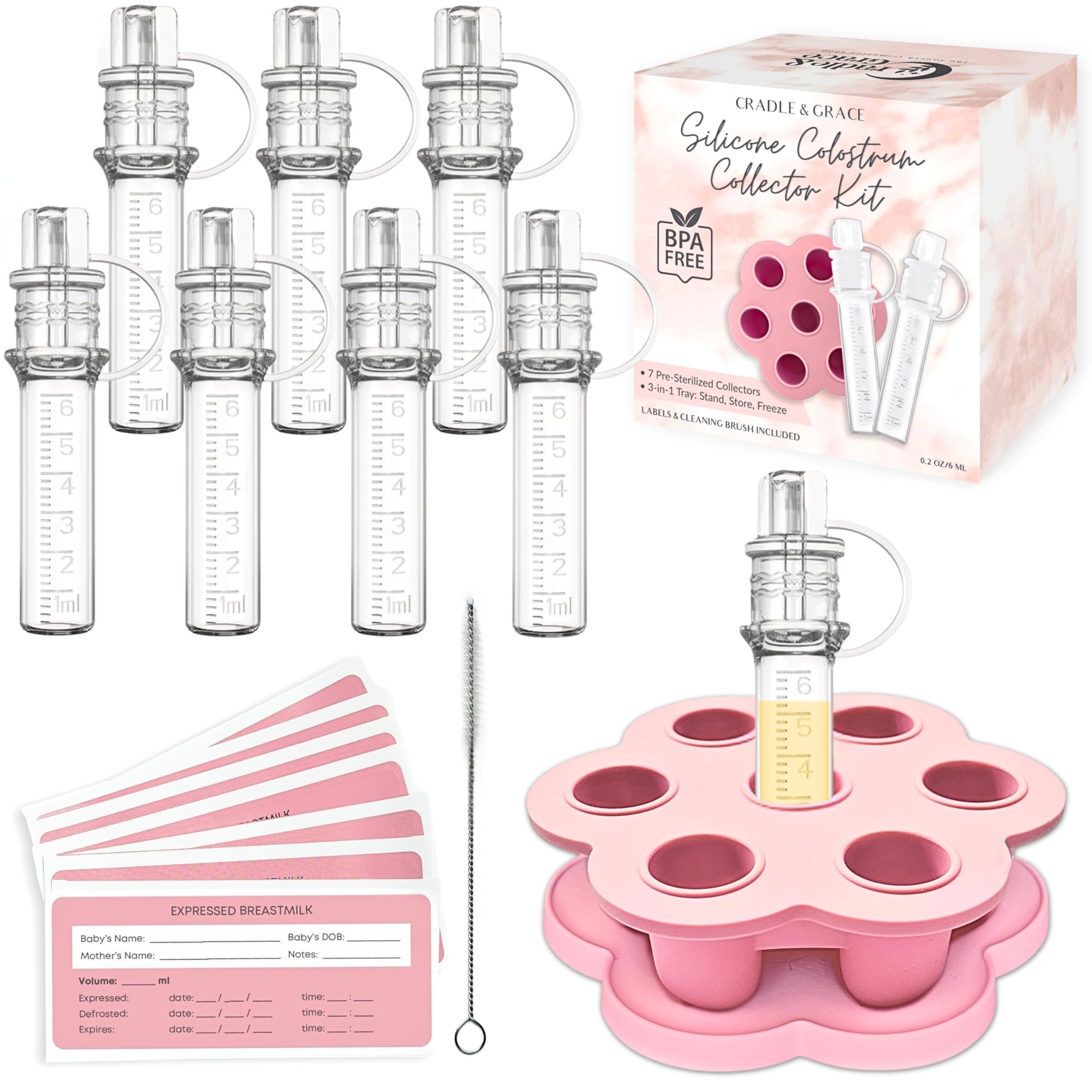 Cradle & Grace colostrum collectors 7-piece set ready for gentle expression and feeding routines.