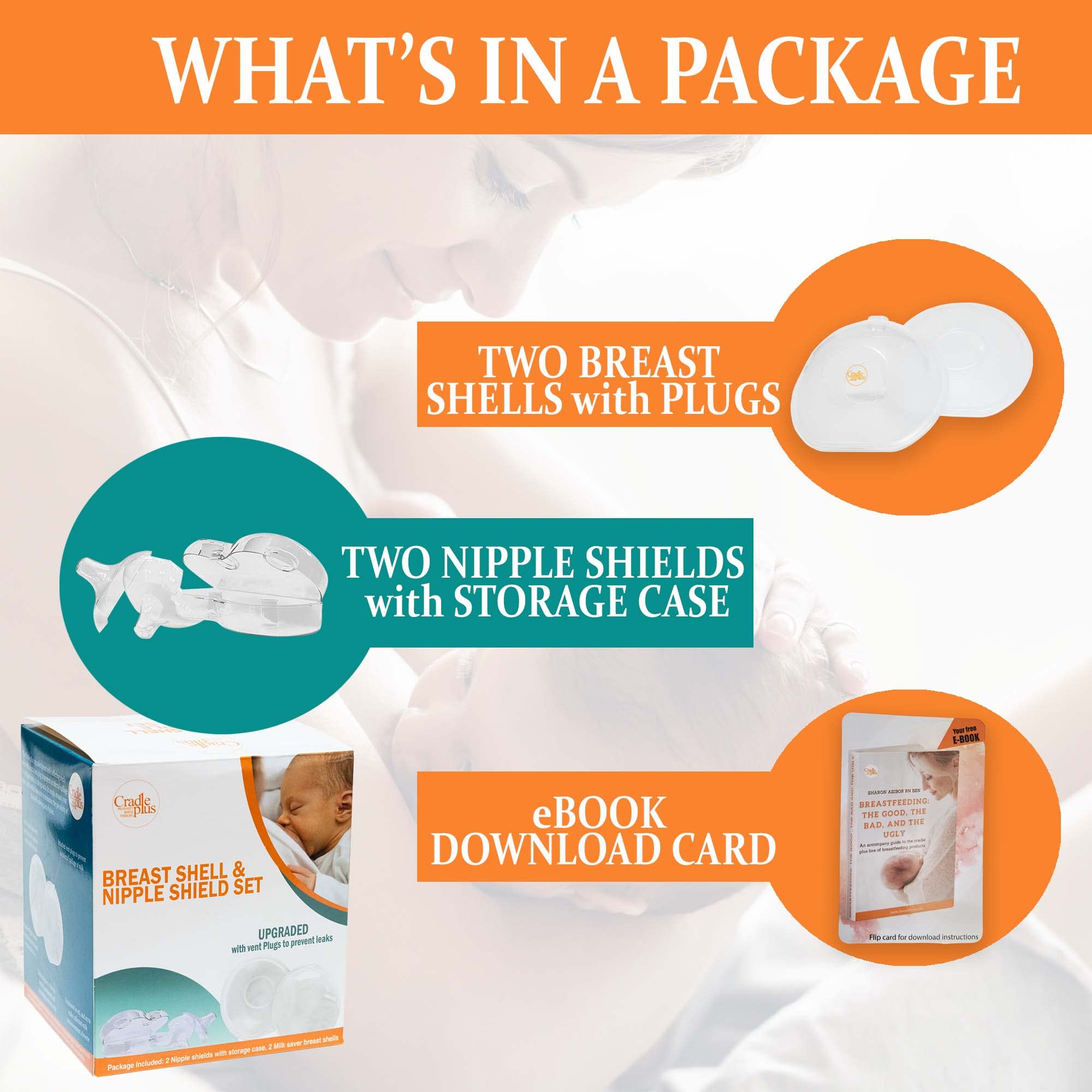 CRADLE PLUS breast shell with spill-prevention plug demonstrates upright milk collection