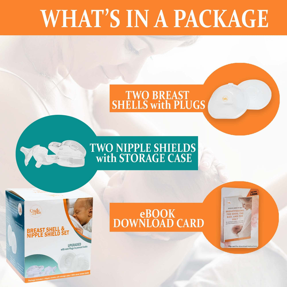 CRADLE PLUS breast shell with spill-prevention plug demonstrates upright milk collection