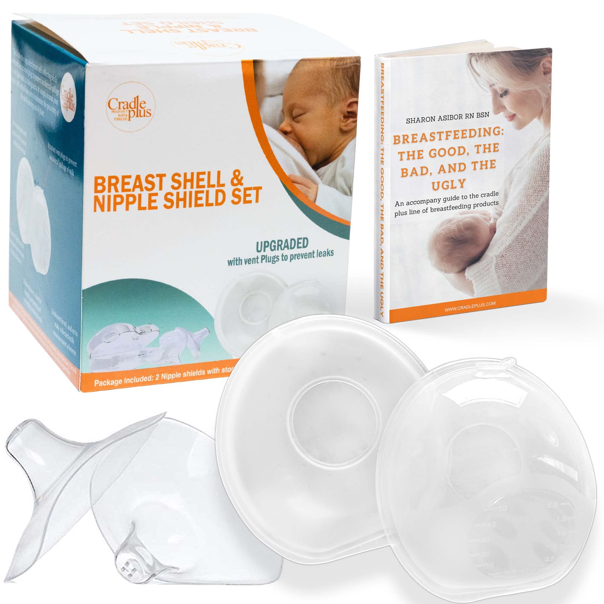 CRADLE PLUS Nipple Shield Milk Collector set displayed in packaging for convenient breastfeeding