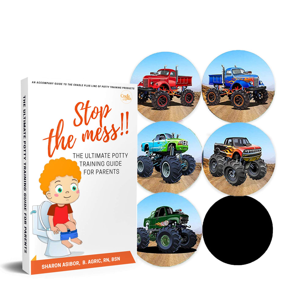 CRADLE PLUS Monster Truck potty sticker reveals image with heat, encouraging potty time