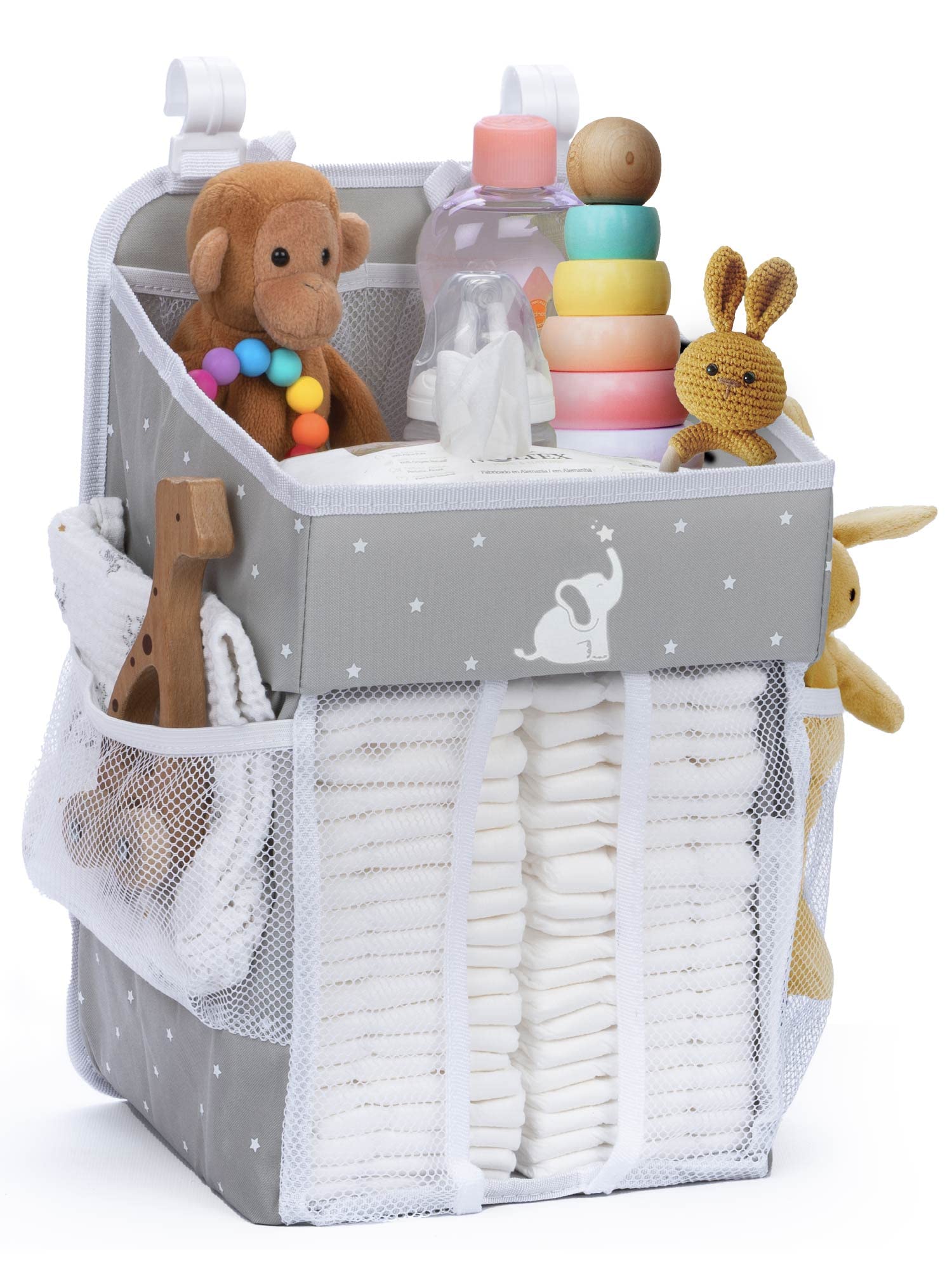 CRADLE STAR Hanging Diaper Caddy gray full view showcases organized diaper storage on changing tables.