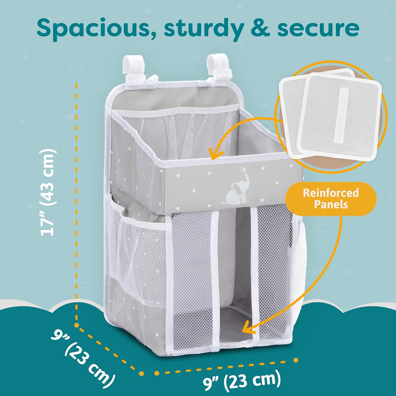 CRADLE STAR Hanging Diaper Caddy gray pocket detail illustrates reinforced shelves and mesh pockets for quick access.