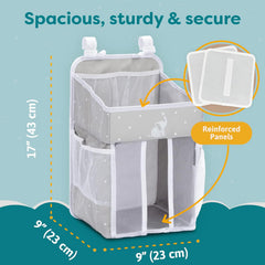 CRADLE STAR Hanging Diaper Caddy gray pocket detail illustrates reinforced shelves and mesh pockets for quick access.