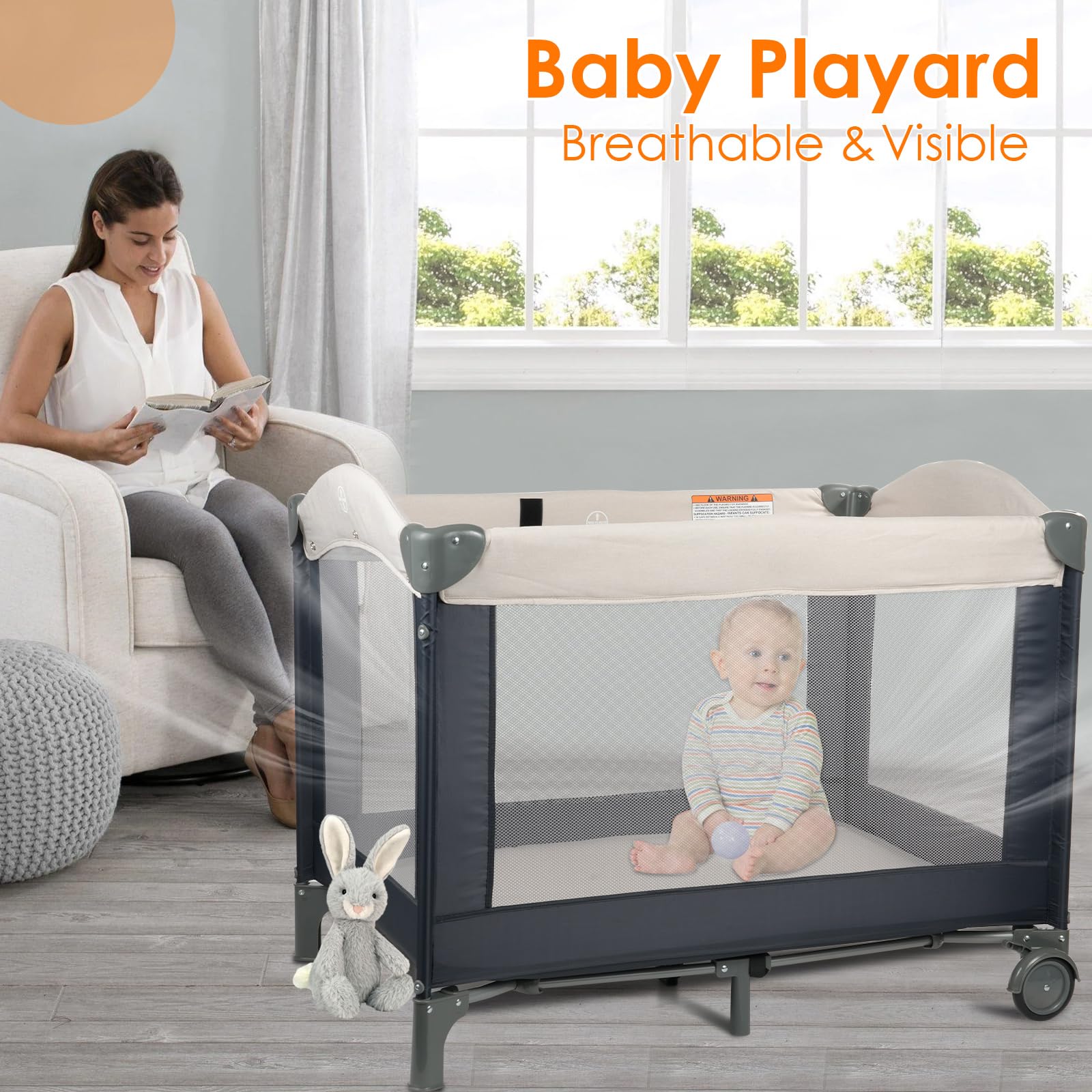 Cradlecare pack-and-play breathable mesh area keeps baby visible and ventilated.