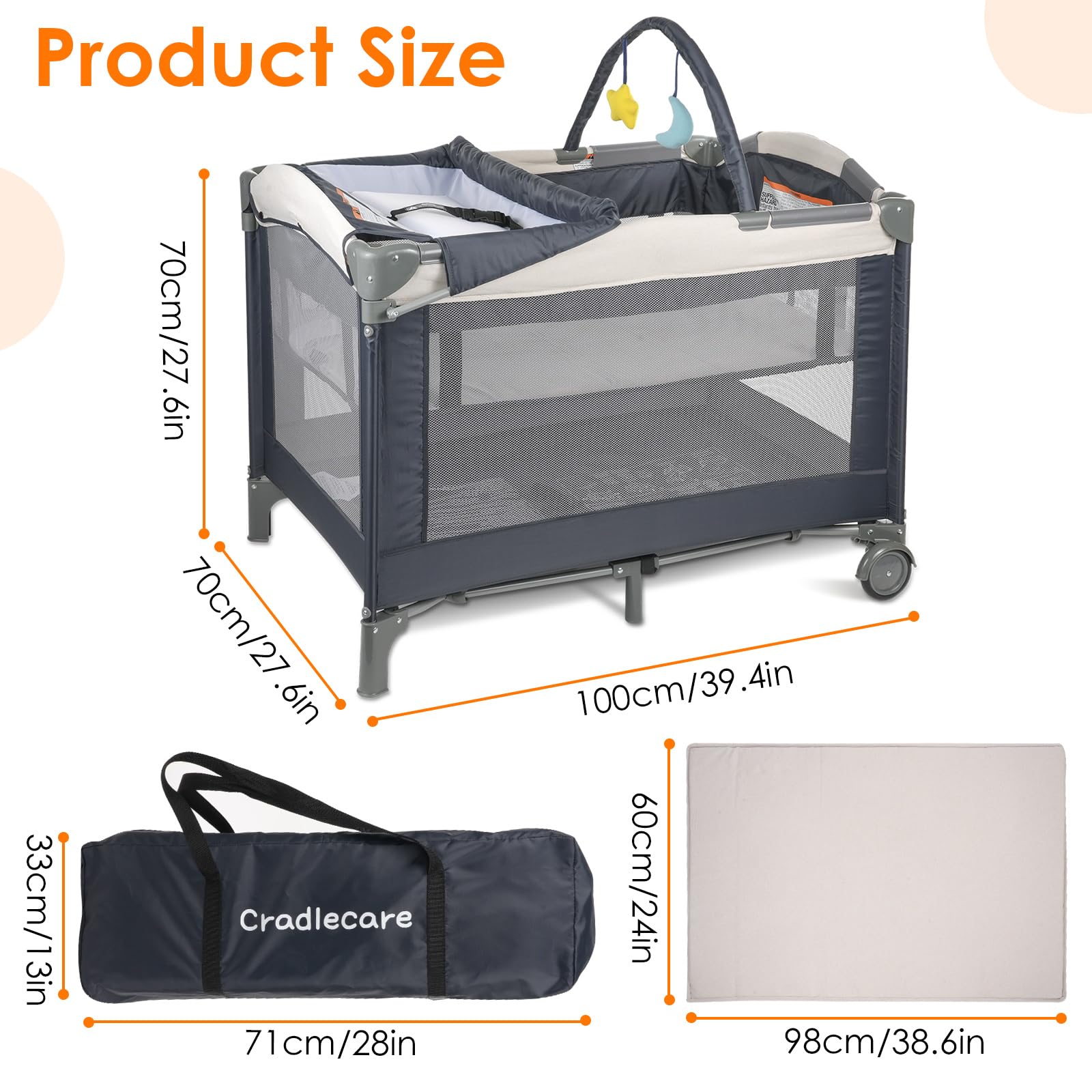 Cradlecare wheels folding-design enables moving the playard around the home.