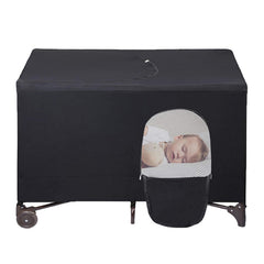 Crayfomo crib blackout cover on Pack-N-Play for dark, restful naps indoors or outdoors.