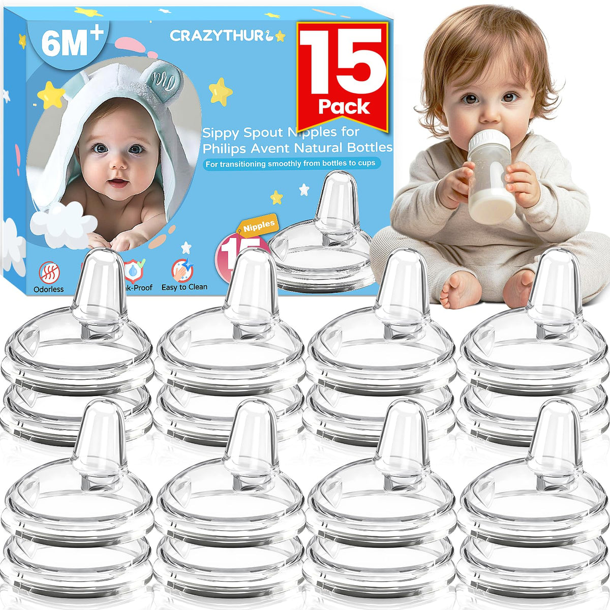 CRAZYTHUR sippy spout nipples 15-pack for smooth transition from bottle to cup.