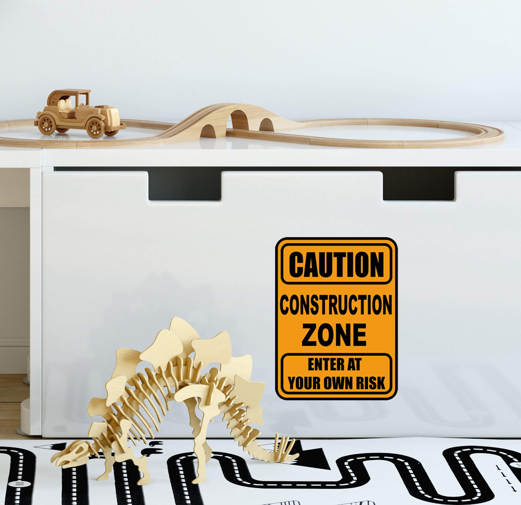 Create-A-Mural construction zone scene with trucks offers engaging playroom visuals.