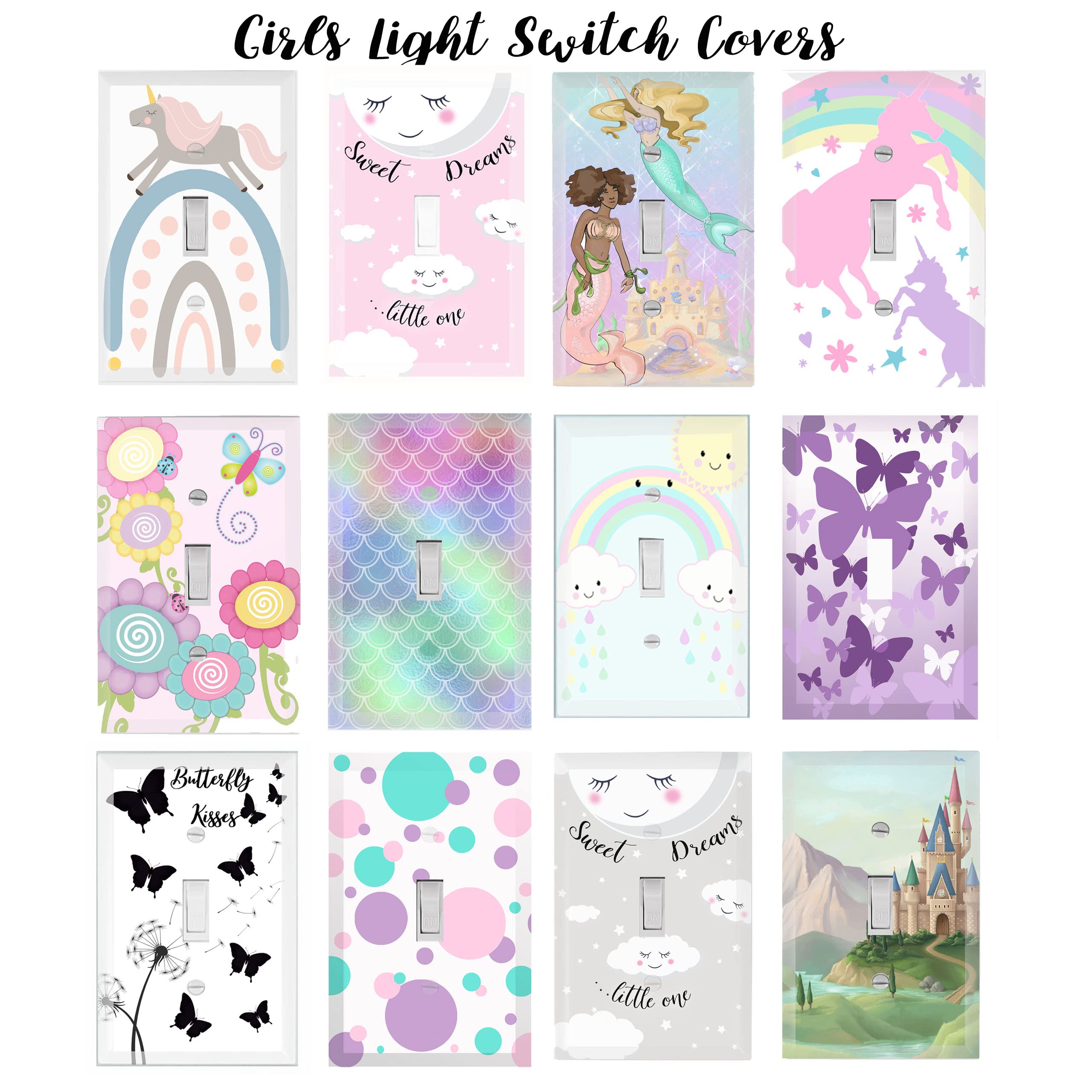 Create-A-Mural pastel unicorn bathroom switch plate complements family bathrooms.
