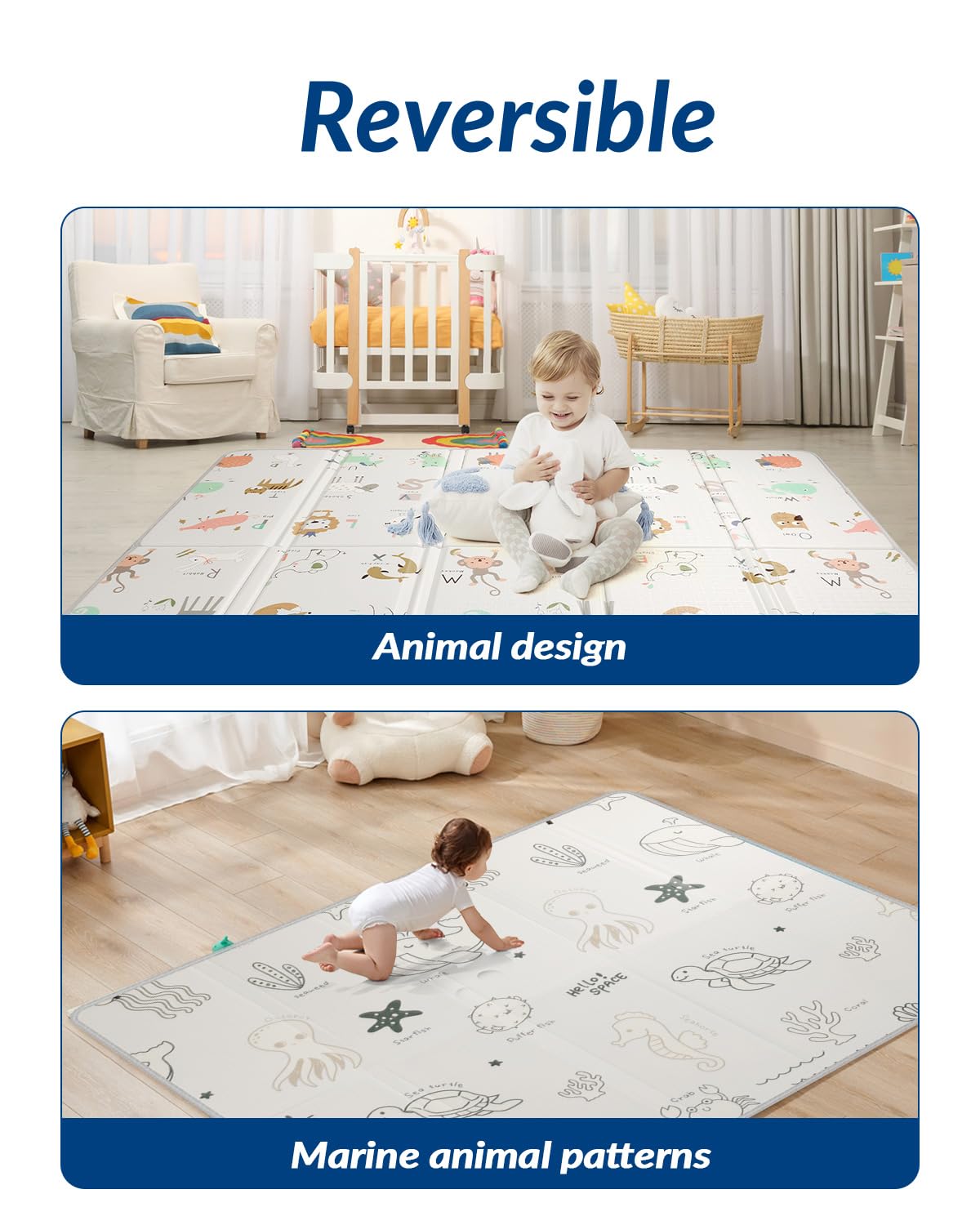 CreateBay foldable baby play mat fully spread on the floor for playtime.