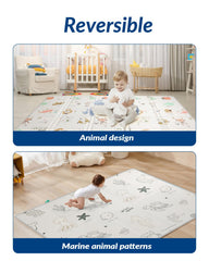 CreateBay foldable baby play mat fully spread on the floor for playtime.