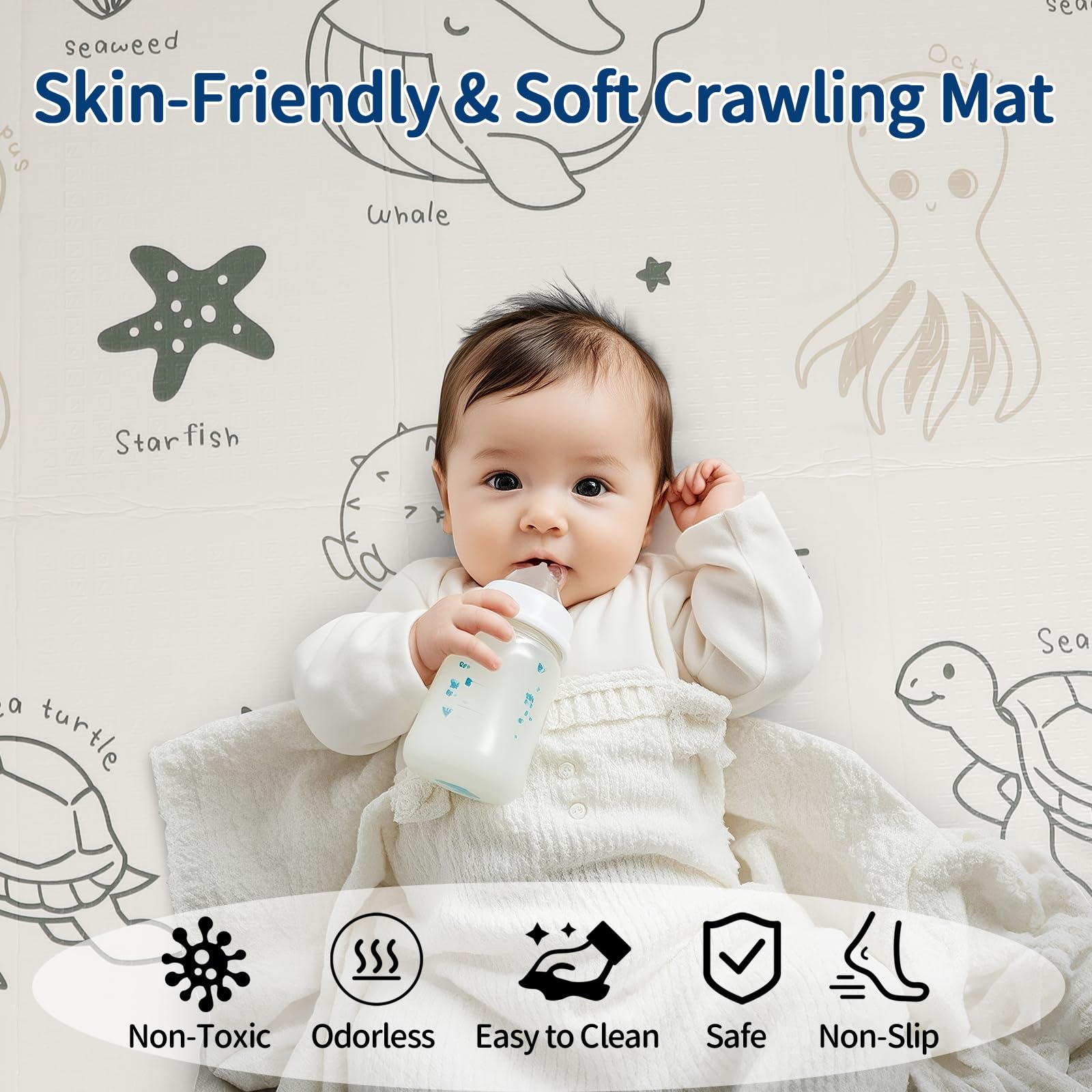 CreateBay foldable baby play mat non-slip bottom helps keep mats in place.