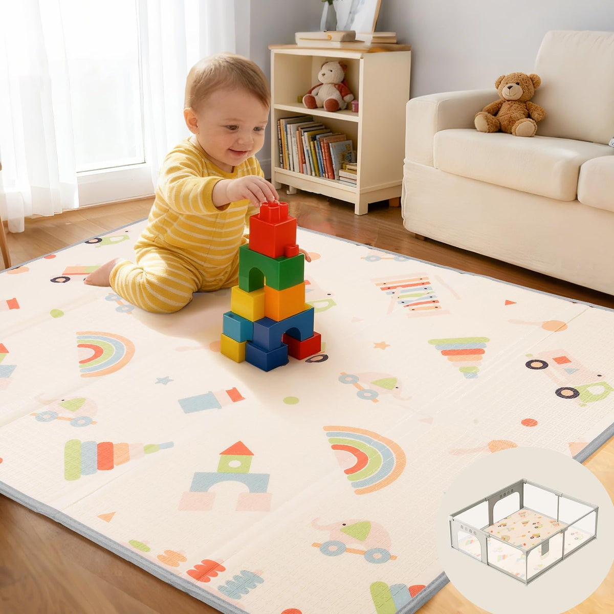 CreateBay Play Mat 79x71 folded for travel convenience in a bag.