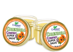 Creation Pharm Calendula Comfrey Salve bottle showing herbal skincare benefits