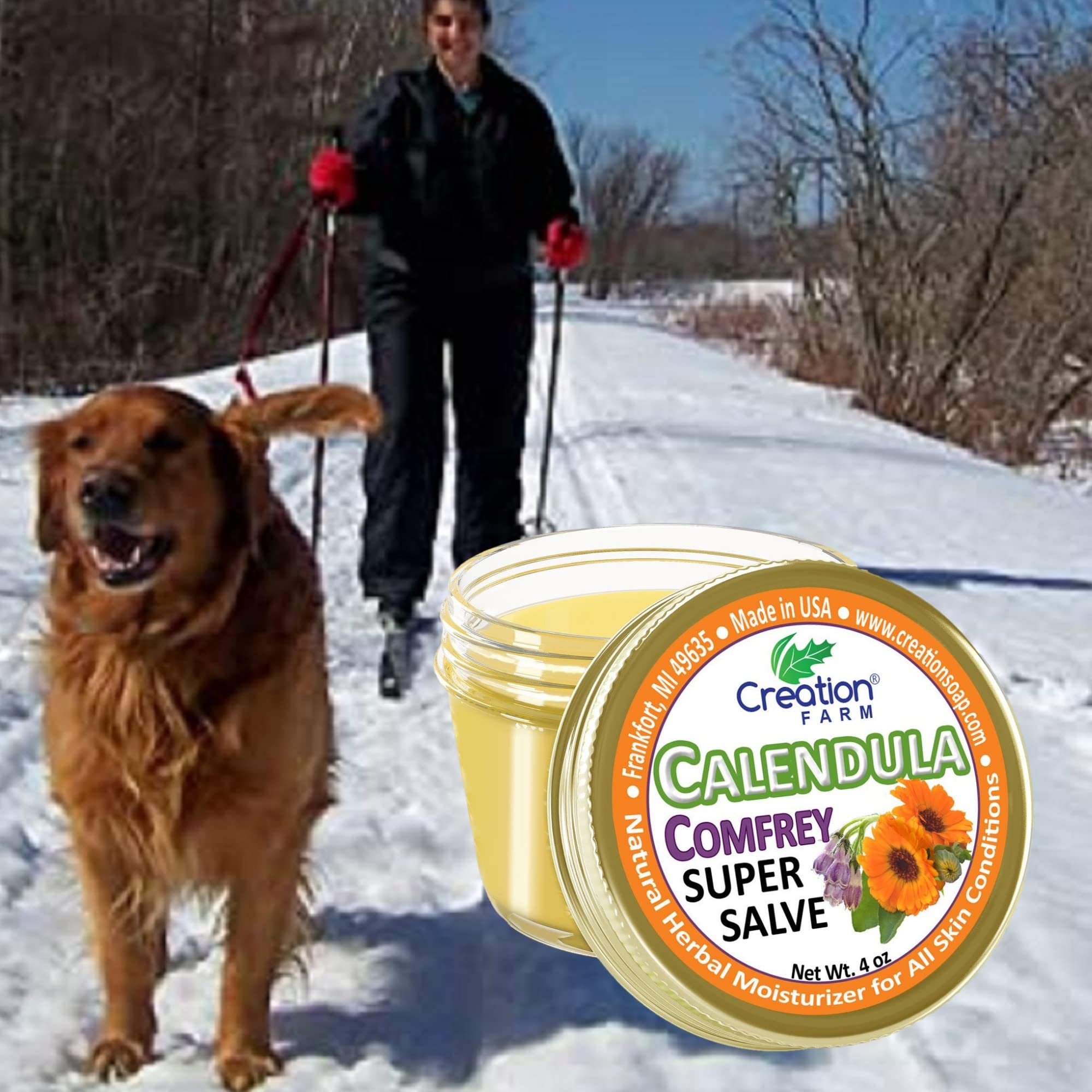 Creation Pharm Calendula Comfrey Salve jar close-up highlighting authentic calendula
