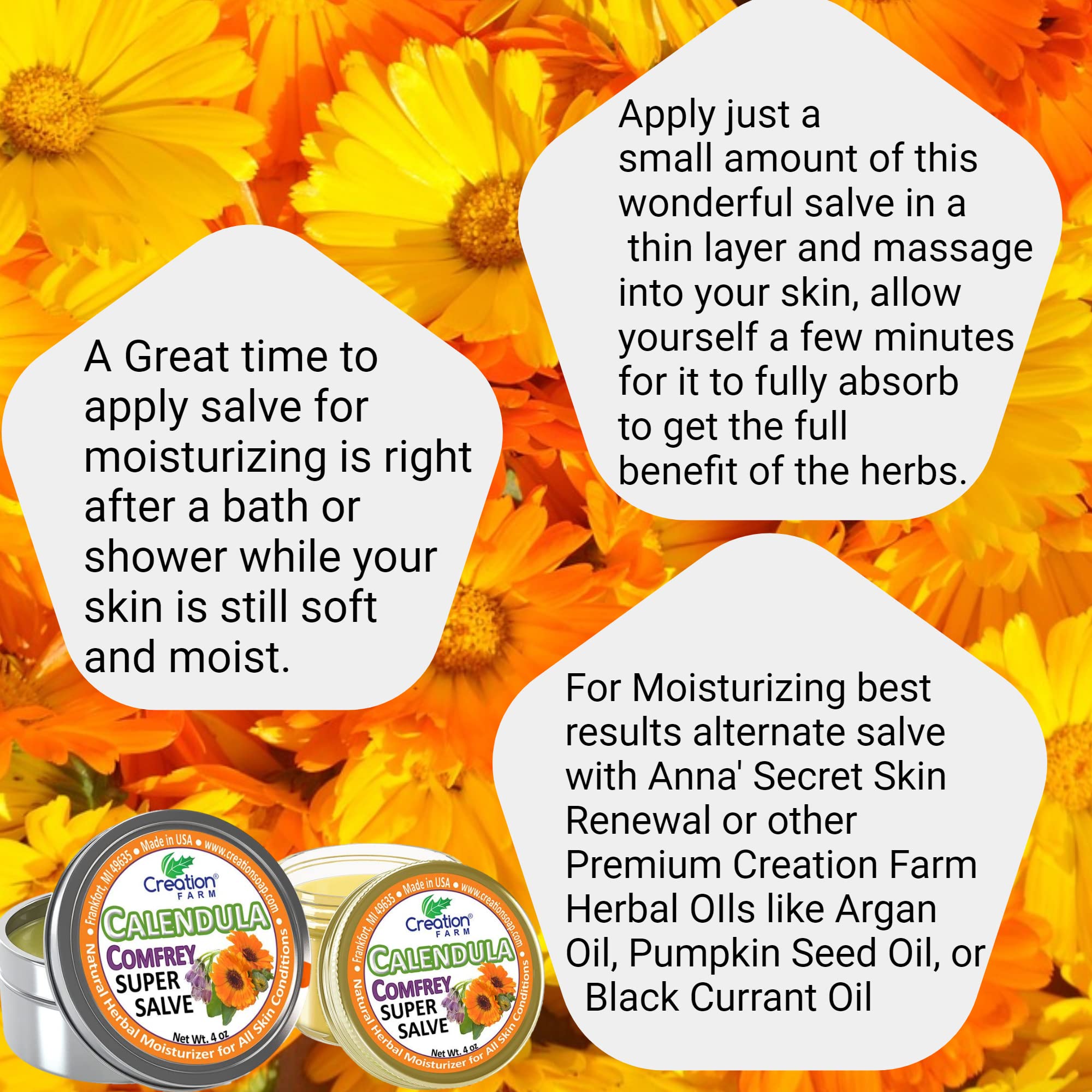 Creation Pharm Calendula Comfrey Salve label with USA-made claim
