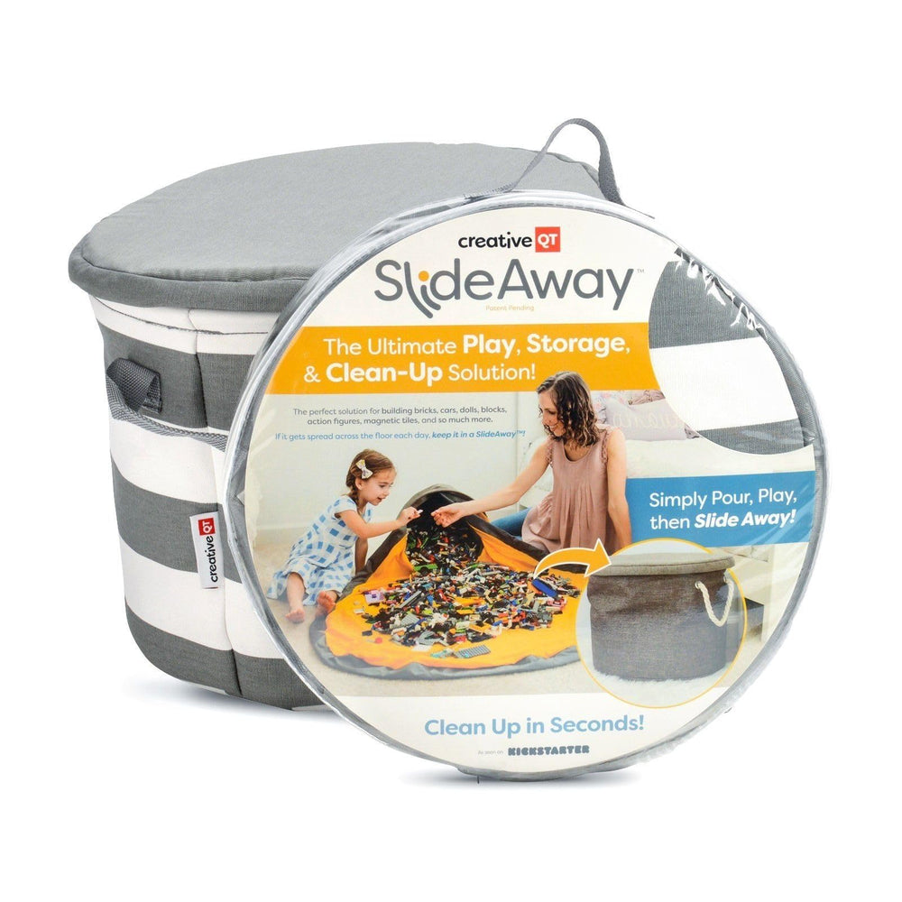 Creative QT SlideAway gray-stripe design complements modern playrooms while organizing toys.