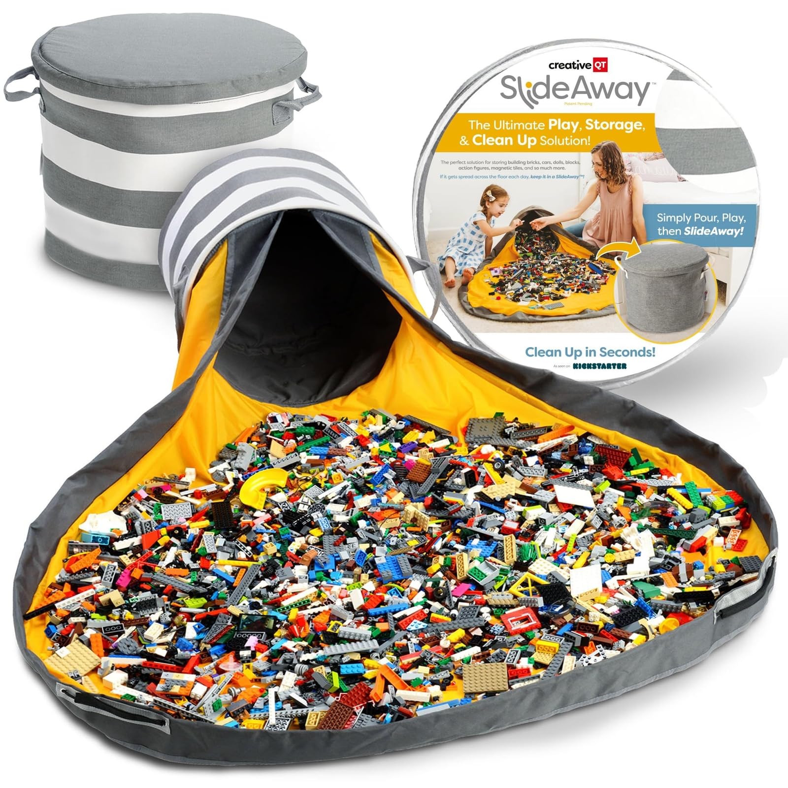 Creative QT SlideAway toy storage bin open for quick cleanup and easy toy access.