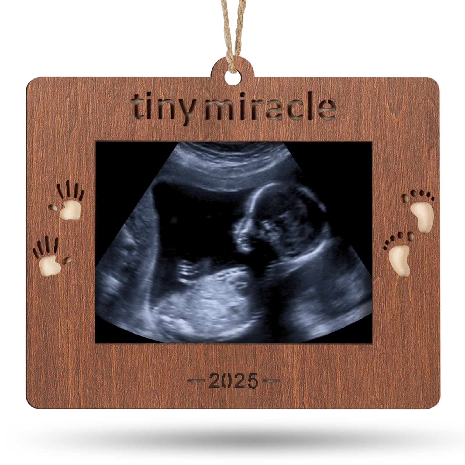 Creawoo Tiny Miracle frame wooden ornament showcasing baby's ultrasound as a timeless keepsake