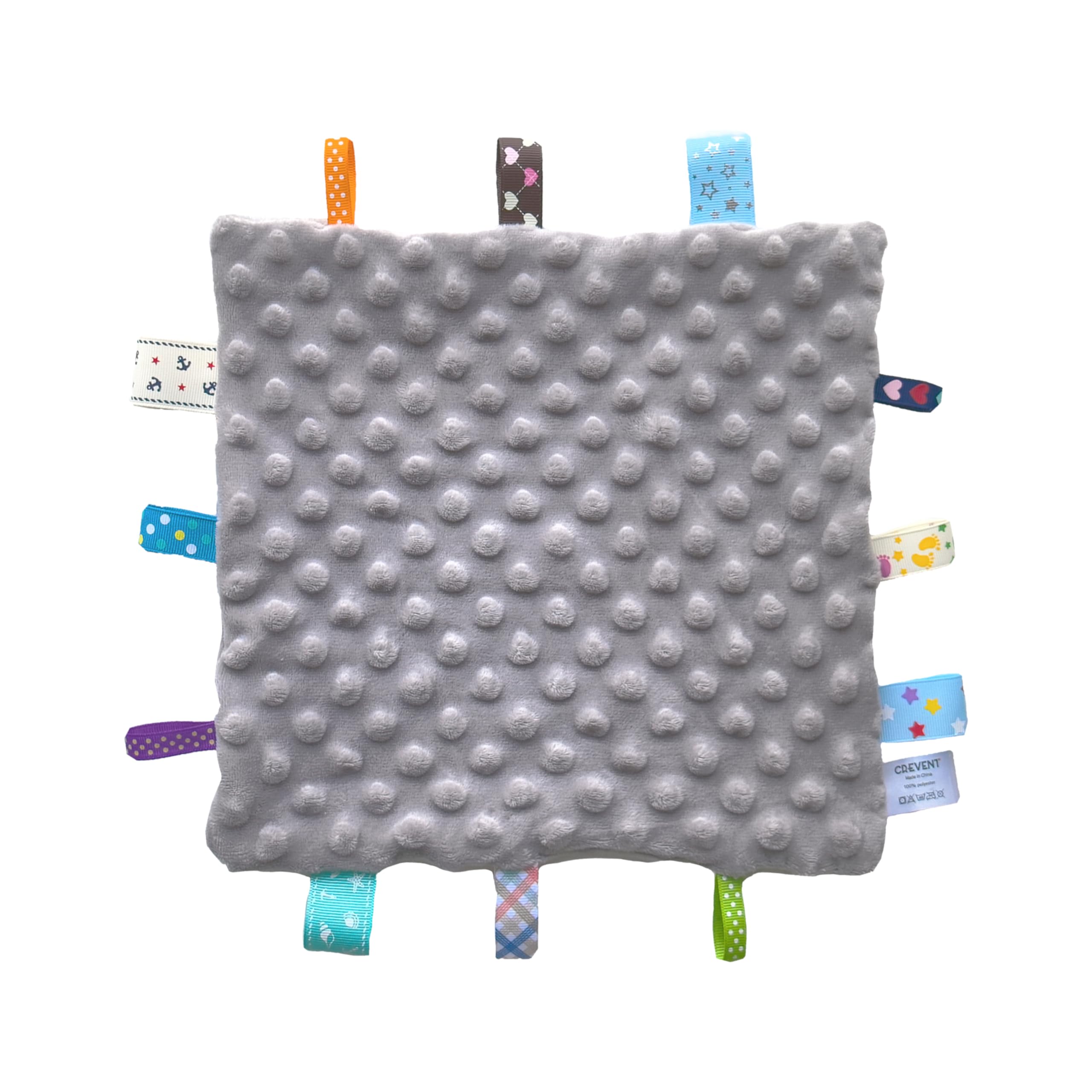 CREVENT taggie blanket grey close-up offers sensory appeal for soothing playtime.