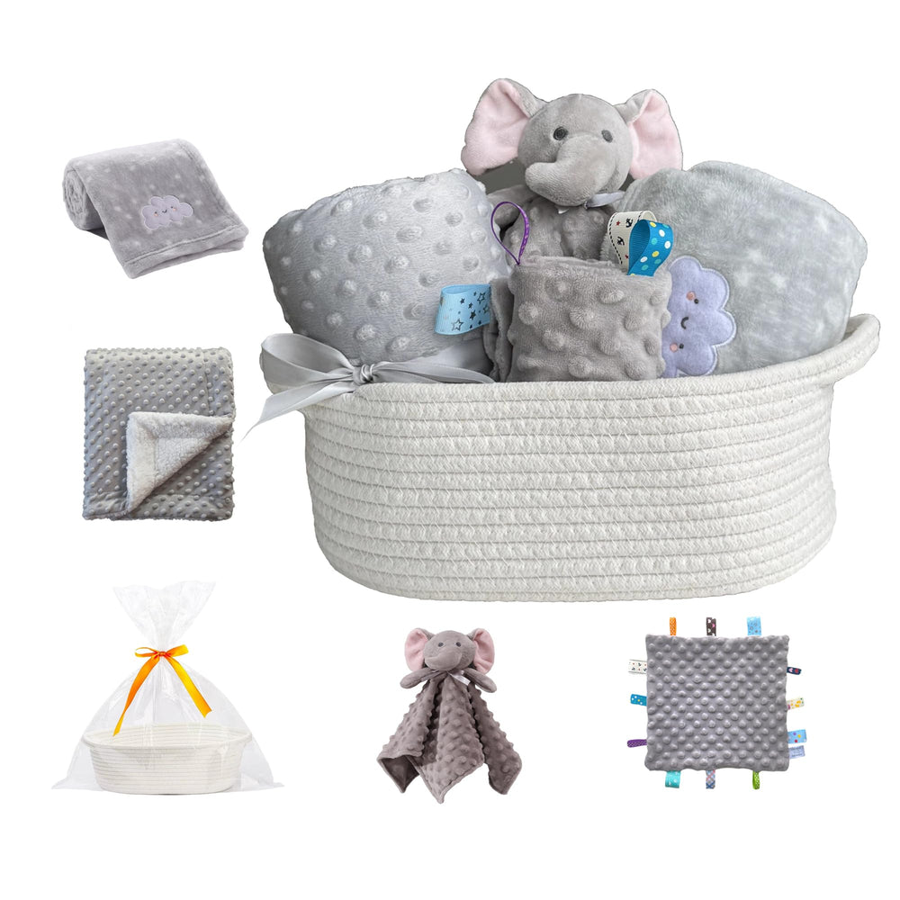 CREVENT baby welcome gift basket grey shows complete newborn gift set for thoughtful gifting.