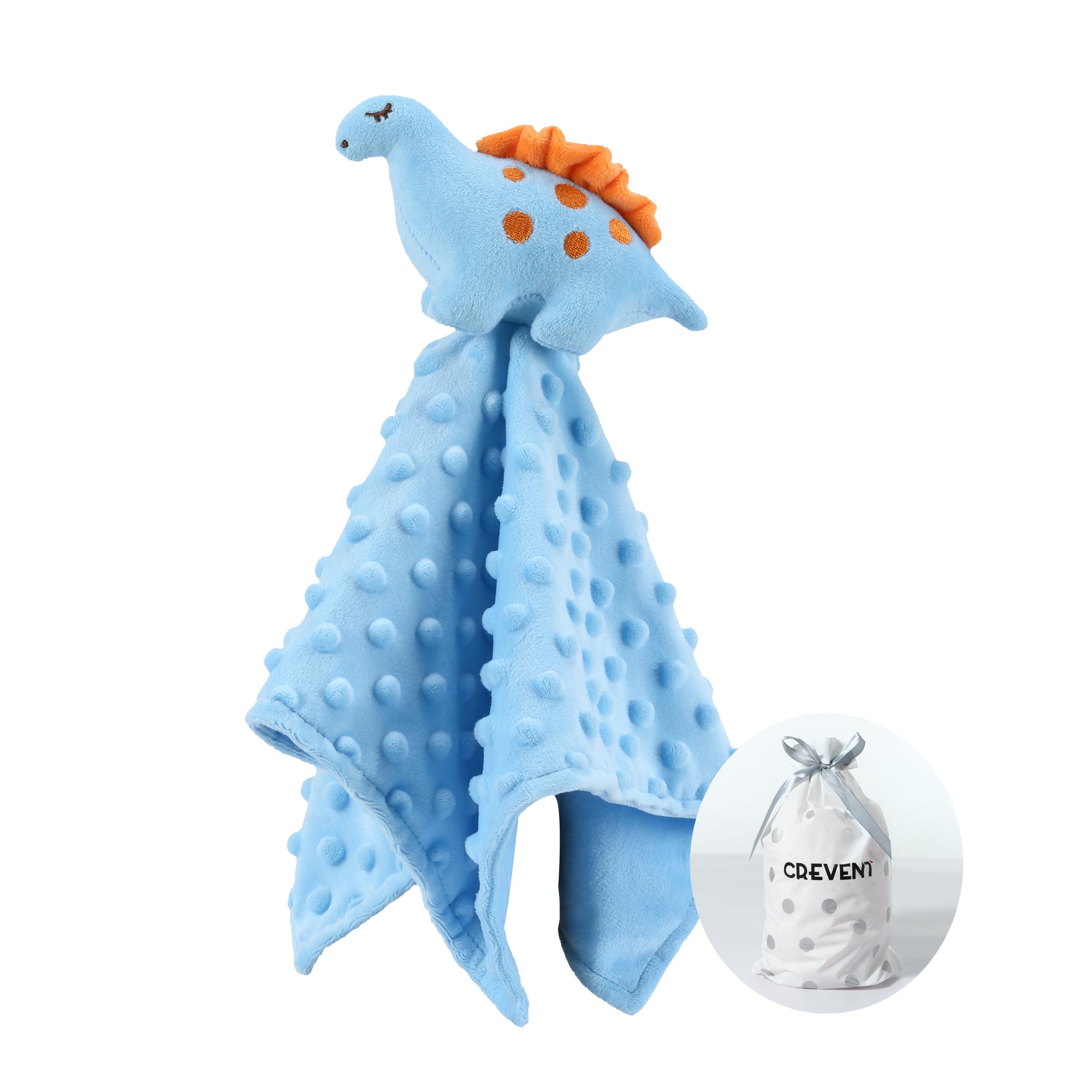 CREVENT Cozy Plush Baby Security Blanket blue dinosaur face for comforting cuddles.
