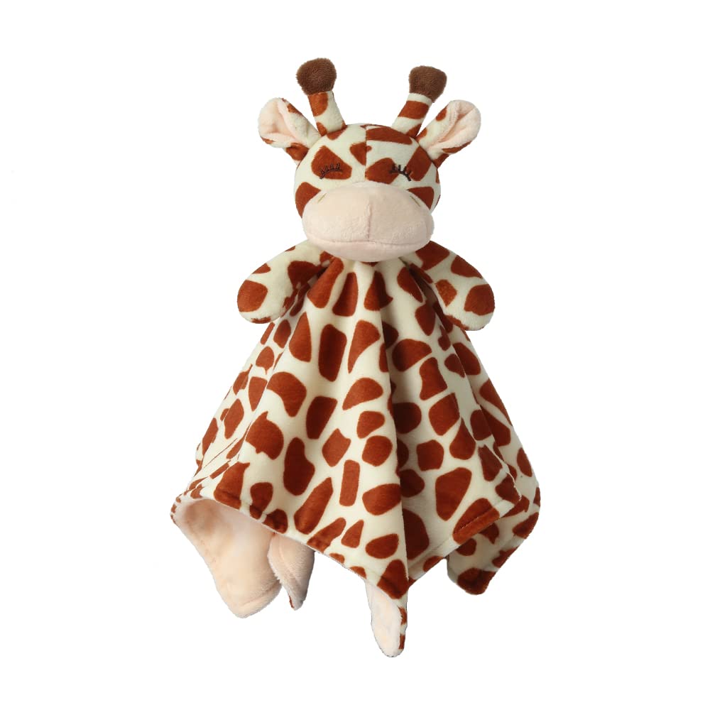 CREVENT giraffe head security blanket features a playful tag for grasping during cuddle time.