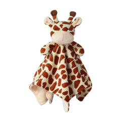 CREVENT giraffe head security blanket features a playful tag for grasping during cuddle time.